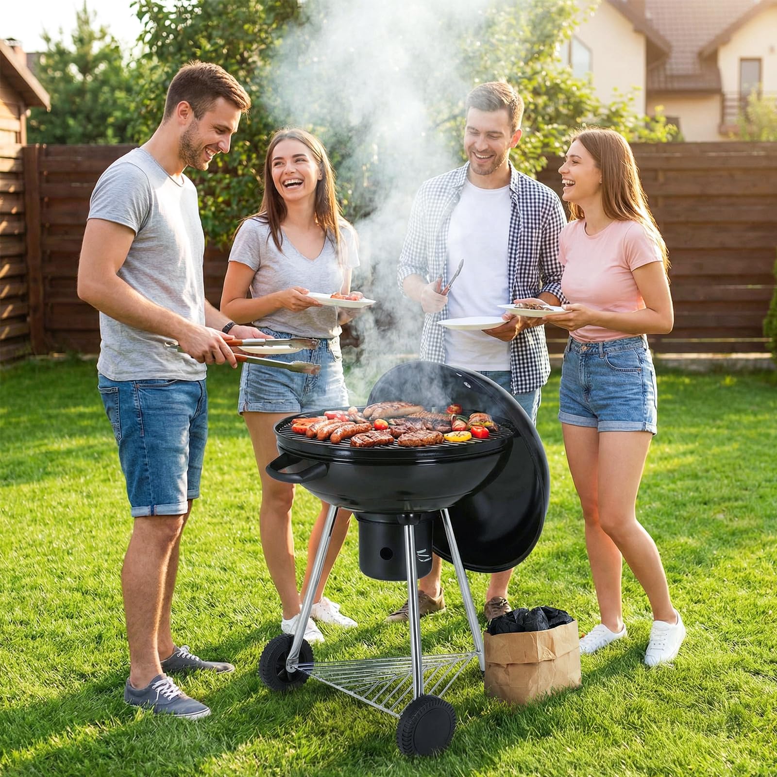 TLSUNNY Kugelgrill Ø 57 cm, Holzkohlegrill/Porzellanemaillierter Deckel und Kessel, 55 cm Grillfläche, H97 cm, Grill Holzkohle für Camping, mit abnehmbaren Aschekasten, Dreibein-Ständer und 2PCS Räder