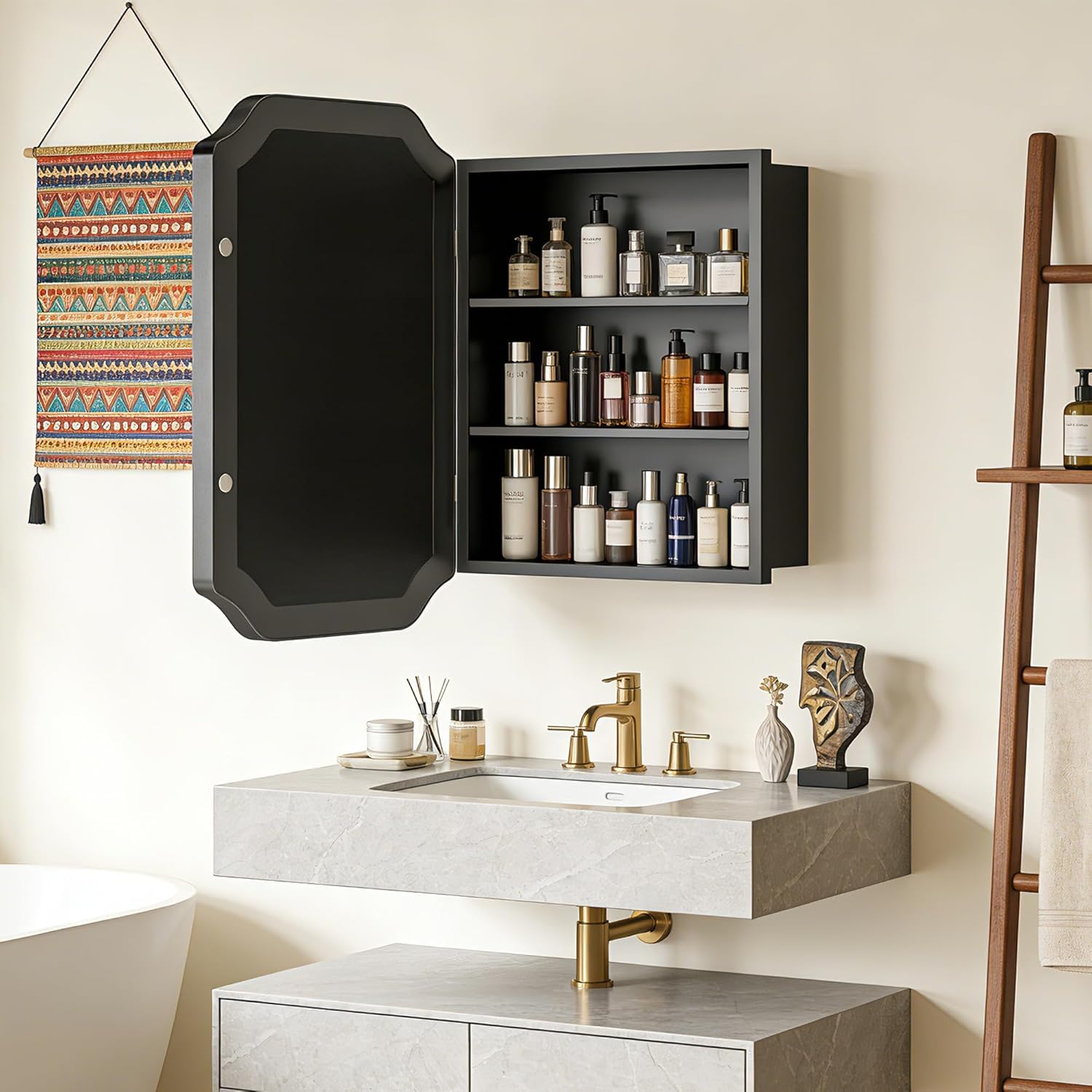 SDHYL Bathroom Medicine Cabinet with Mirror, 24”x 16”Recessed Wall Mounted Mirror Cabinets, Elegant Curved Aesthetics Mirror with Storage, 2 Stable & Removable Shelves, Black