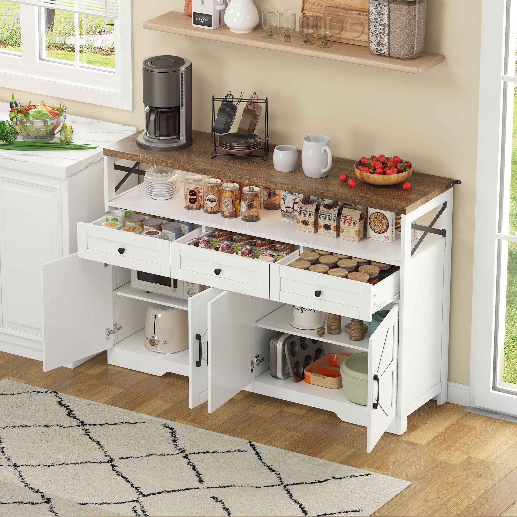 Jaxenor Kitchen Sideboard with 4 Doors, Storage Cabinet with 3 Drawers, Farmhouse Style and Shelve, Storage Sideboard for Living Room, Kitchen, Bedroom, Brown+White(140x35x95cm)