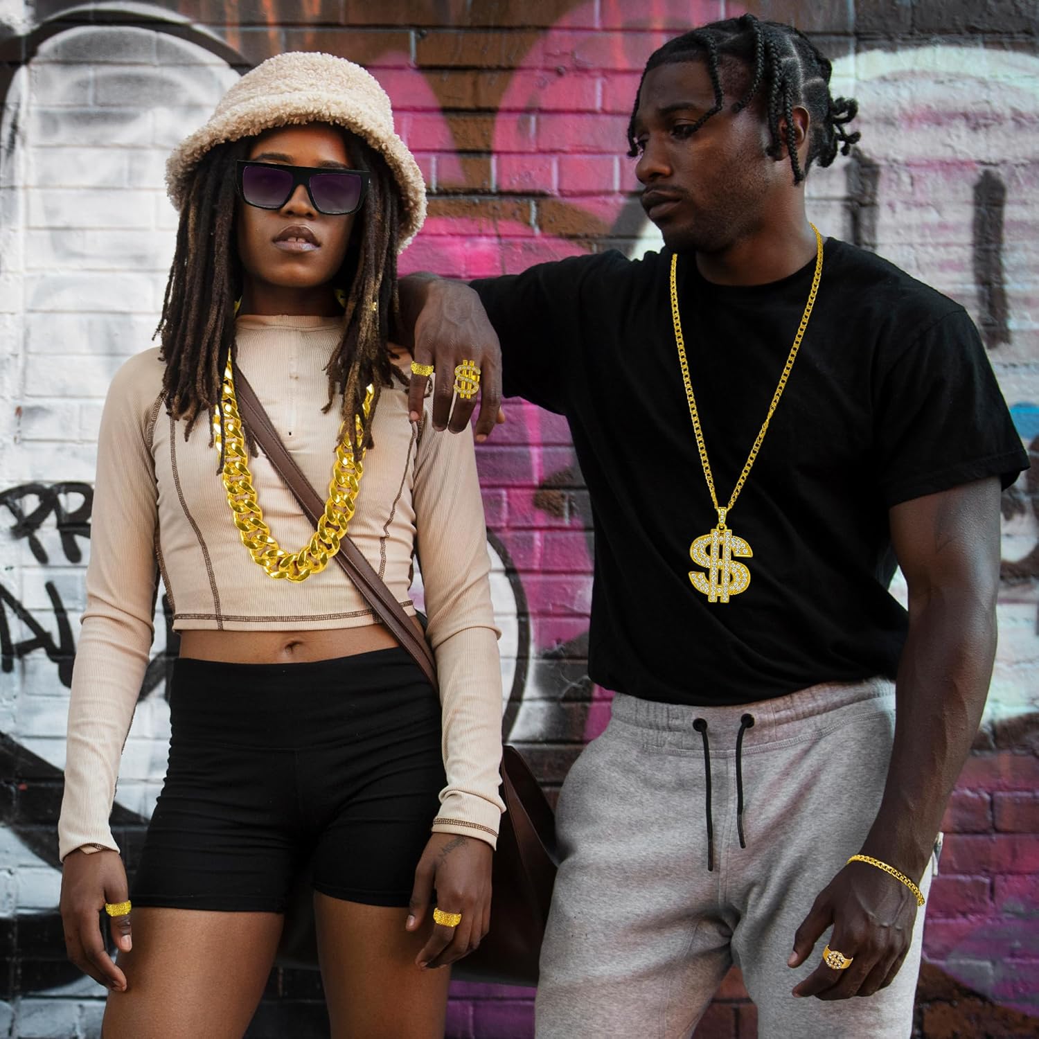 QZYL 80s 90s Accessories Outfit Accessories Hip Hop Costume Kit Faux Gold Rope Chain Bracelet Dollar Sign Chain - Image 5