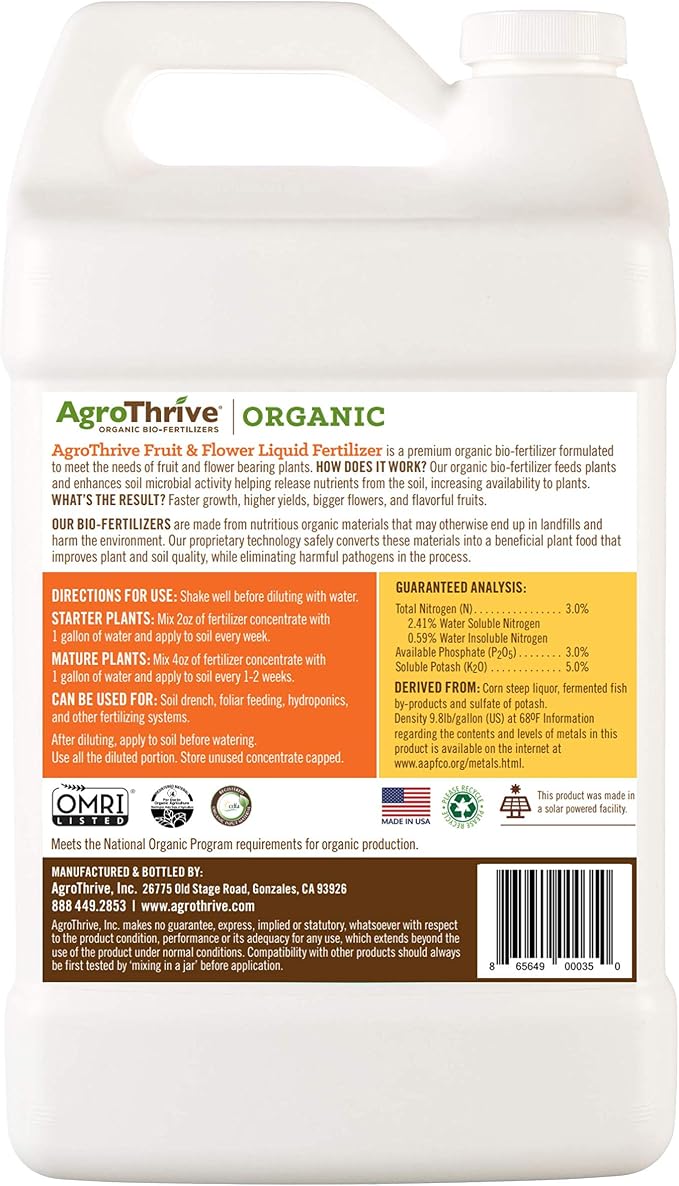 AgroThrive Fertilizante Líquido Orgánico Frutas y Flores 3-3-5 NPK (1 Gal) miniatura 2