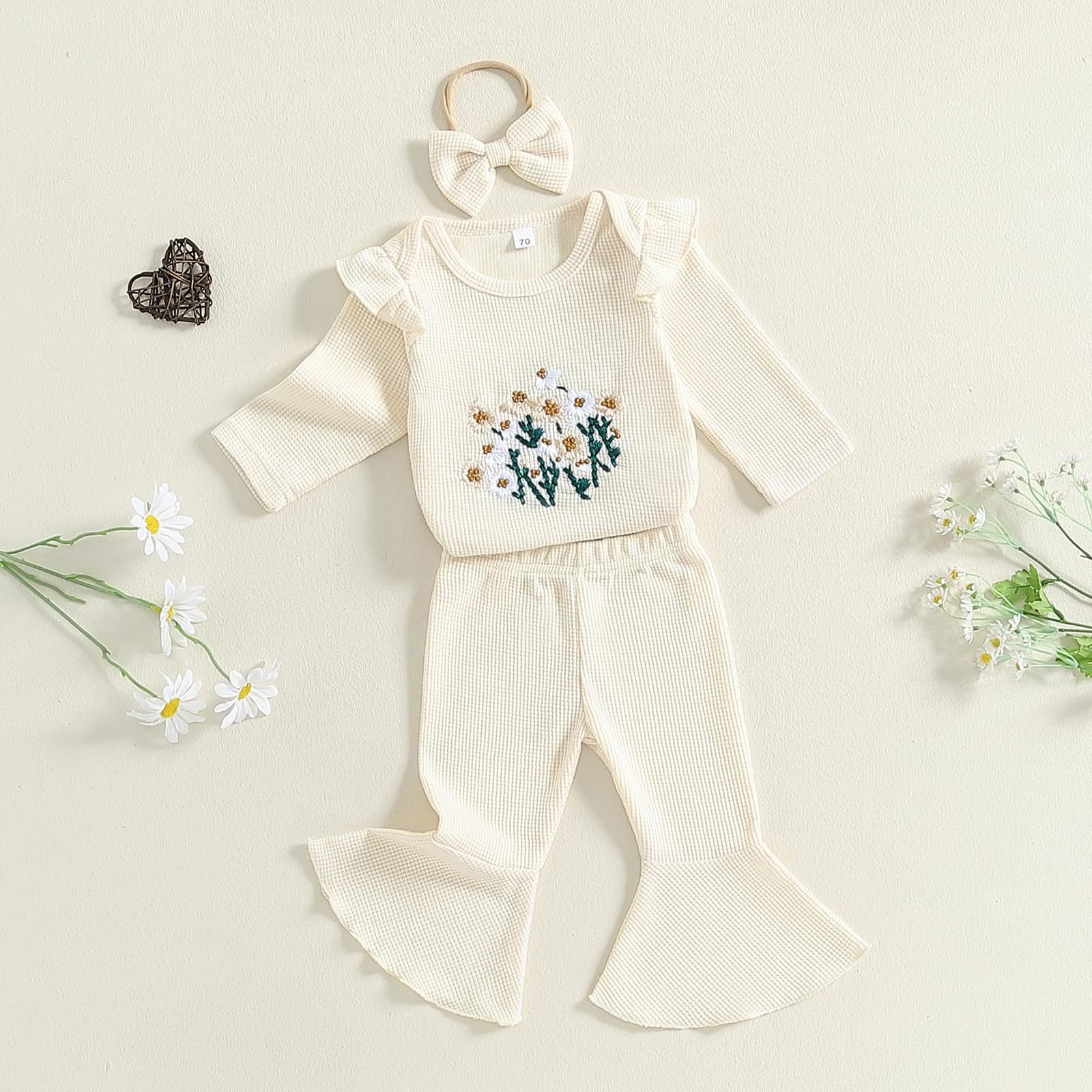 Kavousa Newborn Baby Girl Fall Clothes Floral Embroidery Long Sleeve Romper Flare Pant Set Headband Cute Bell Bottom Outfit (Flower Beige, 0-3 Months)