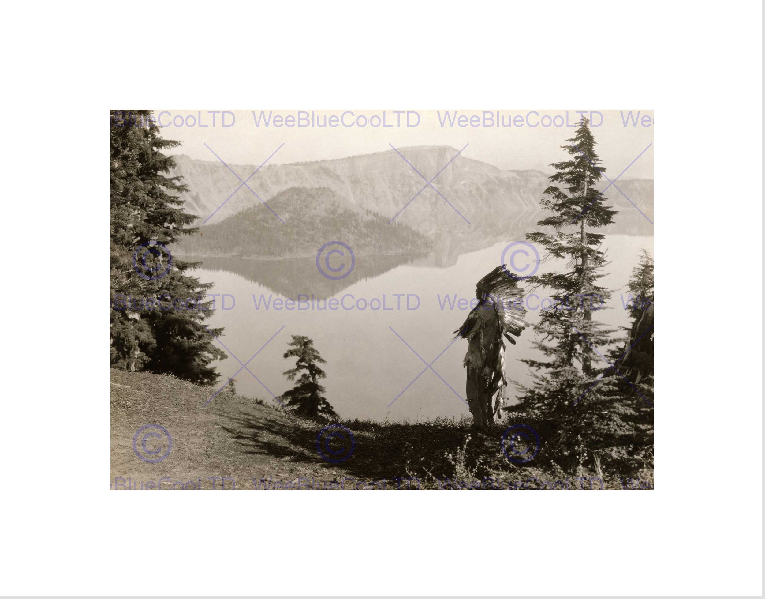 Wee Blue Coo VINTAGE LANDSCAPE CRATER LAKE OREGON NATIVE AMERICAN FRAMED ART PRINT B12X11781