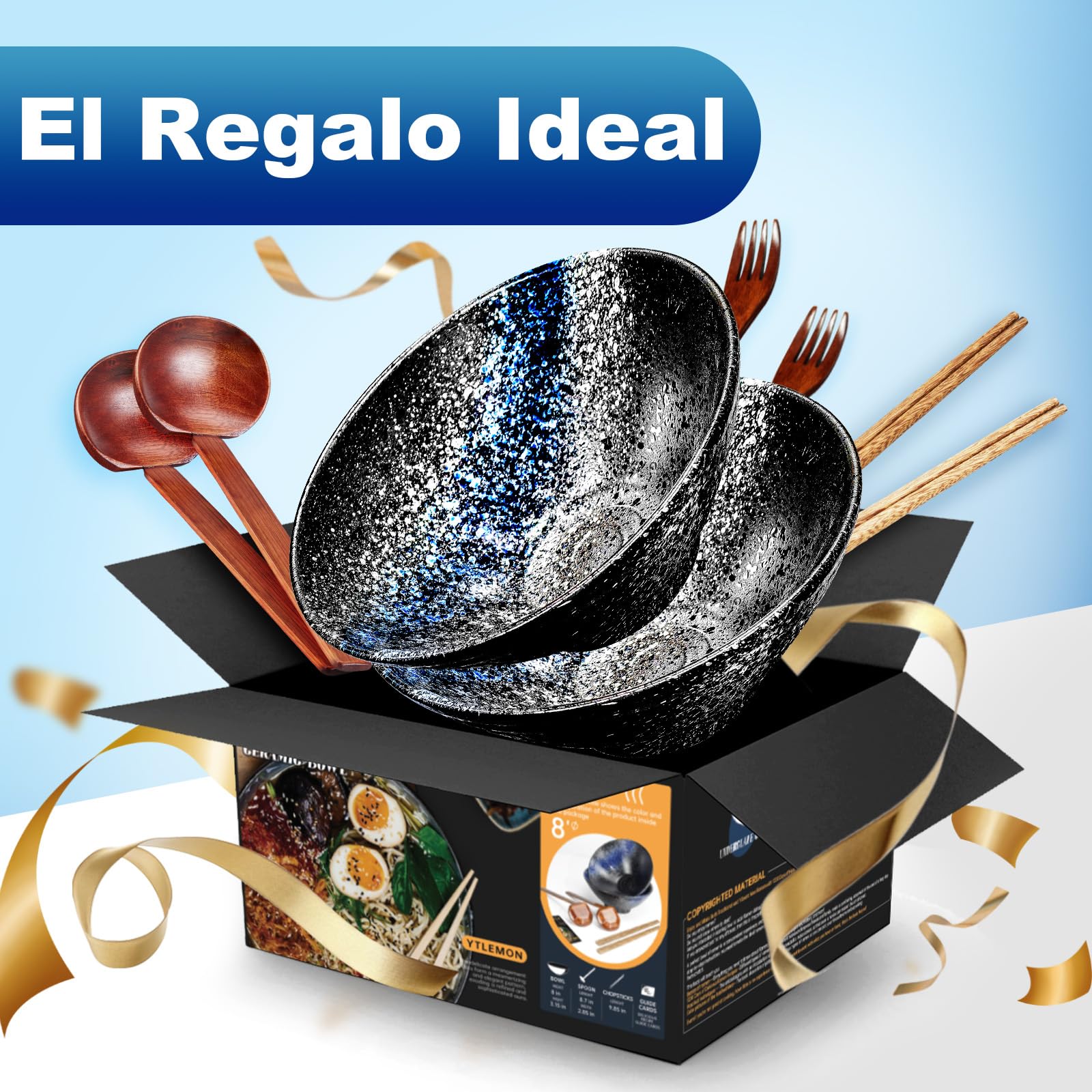 8 Pulgadas Grandes Juego De 2 Tazones De Cerámica Para Ramen De(9 Piezas) - Para Lavavajillas Tazones De Porcelana Para Ensaladas Fideos Cereales Con Recetas Palillos Tenedores Y Cucharas Para Apto