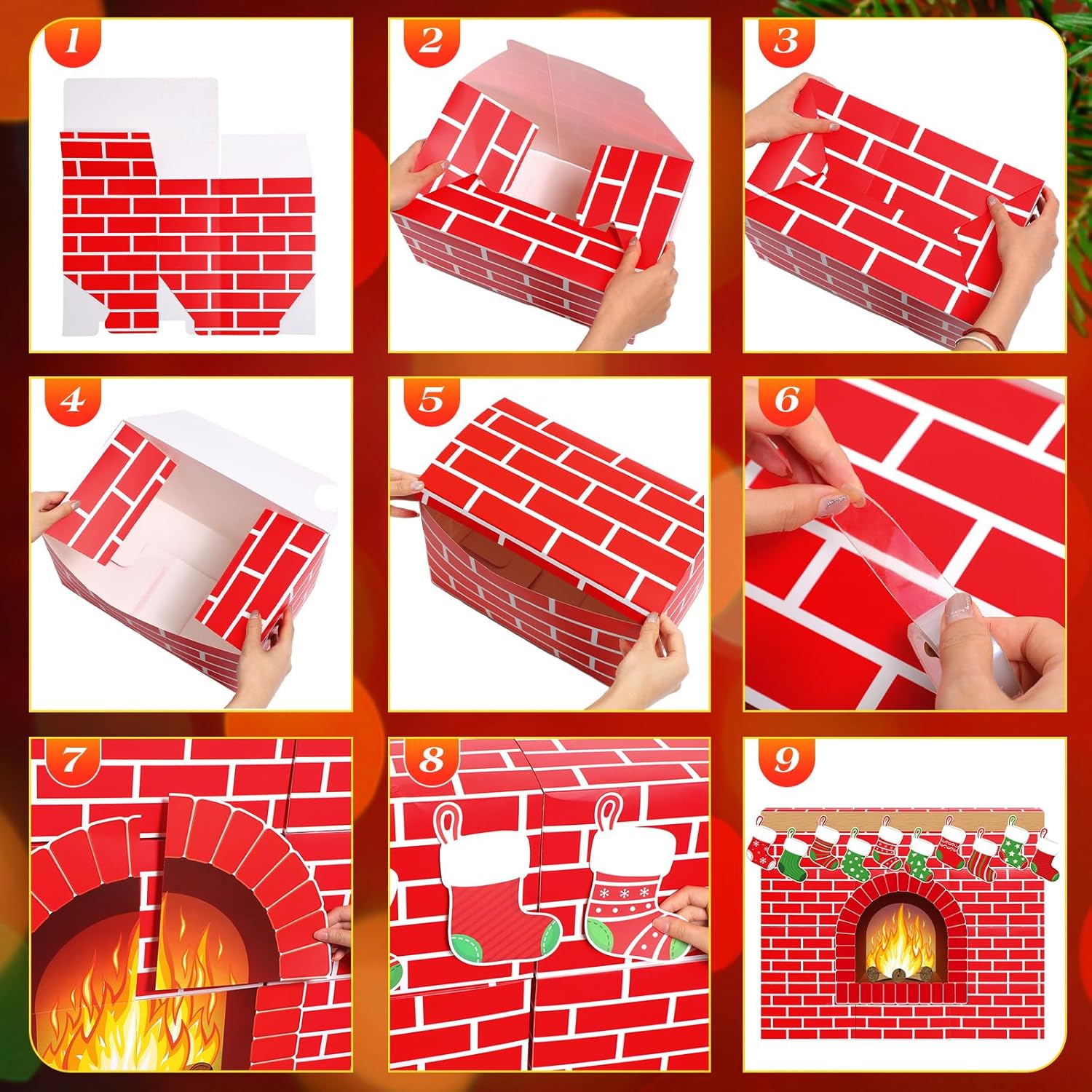 46 Pcs 3D Artificial Red Brick Cardboard Fireplace 39 x 35 Inch DIY Christmas Fireplace with Stocking Fire Flame Wood Grain Cutouts Fake Fire Place Backdrop for Christmas Decoration