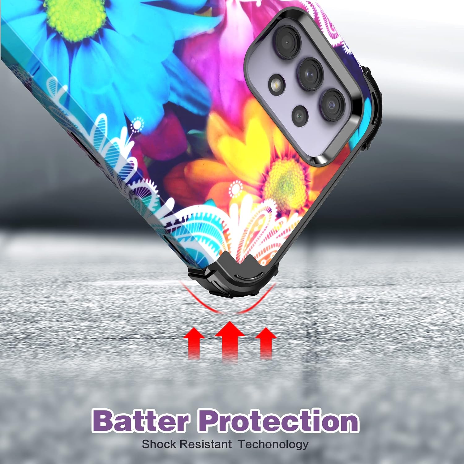 IDweel Galaxy A32 5G Case,Galaxy A04S Case,Galaxy A13 5G Case,Galaxy A12 Case, Hybrid 3 in 1 Shockproof Heavy Duty Protection Hard PC Cover Soft Silicone Full Body Cover with Screen Protector,Flower