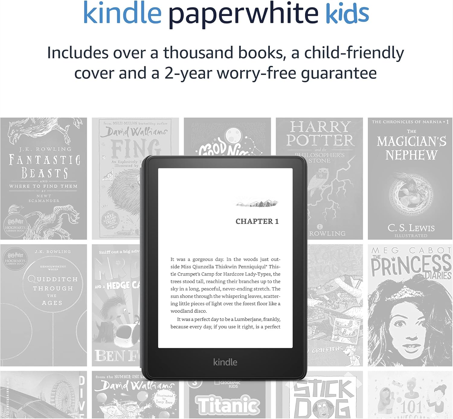 Kindle Paperwhite Kids Includes over a thousand books, a child
