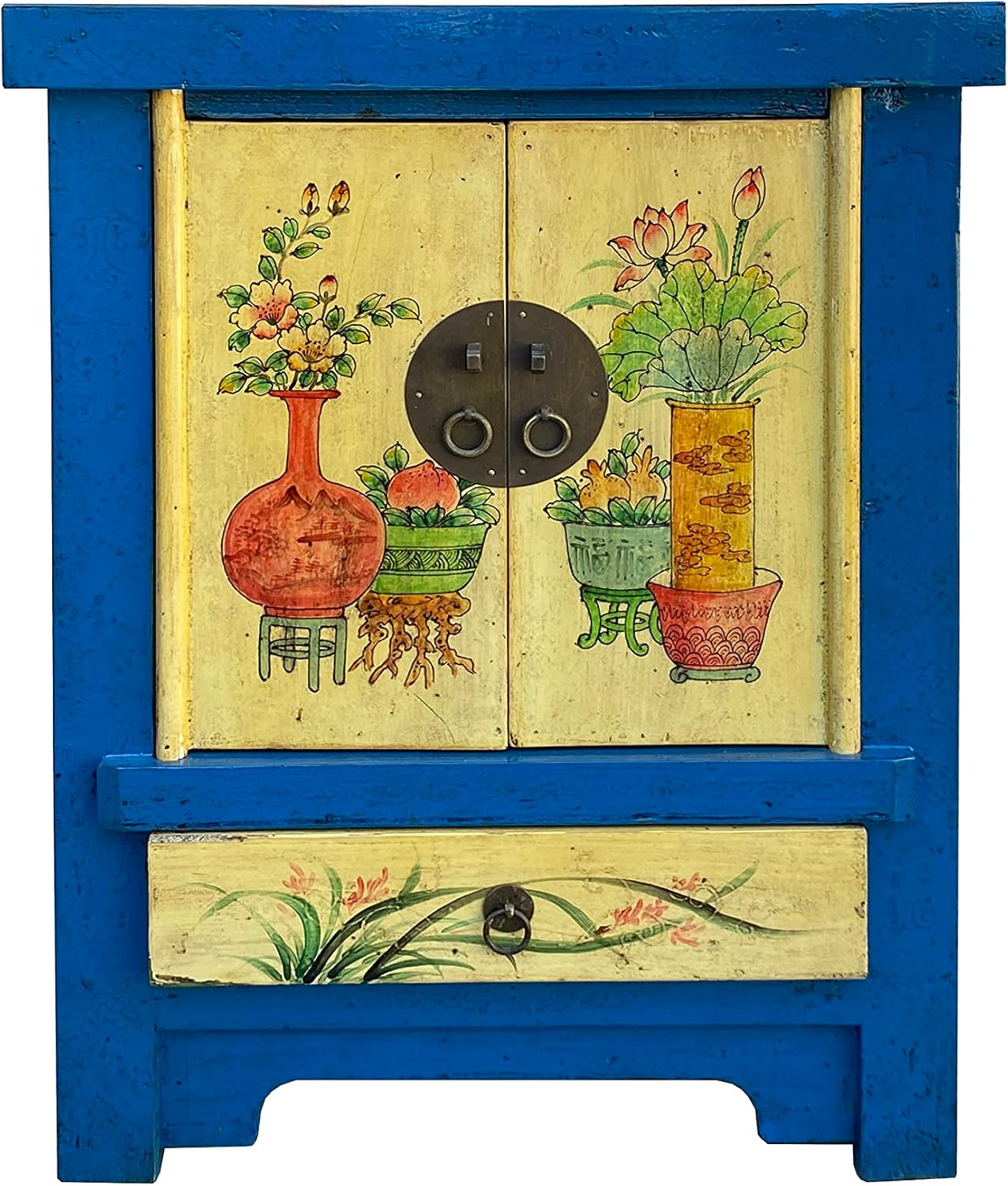 Chinese Rustic Bright Blue Yellow Graphic End Table Nightstand Acs7421