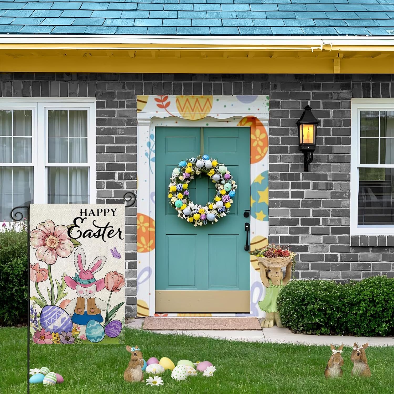 Happy Easter Garden Flags for Outside, Watercolor Bunny with Eggs Flowers Small Seasonal Decoration for Holiday Anniversary Yard Outdoor Decor 12x18 Inch Double Sided - Image 2