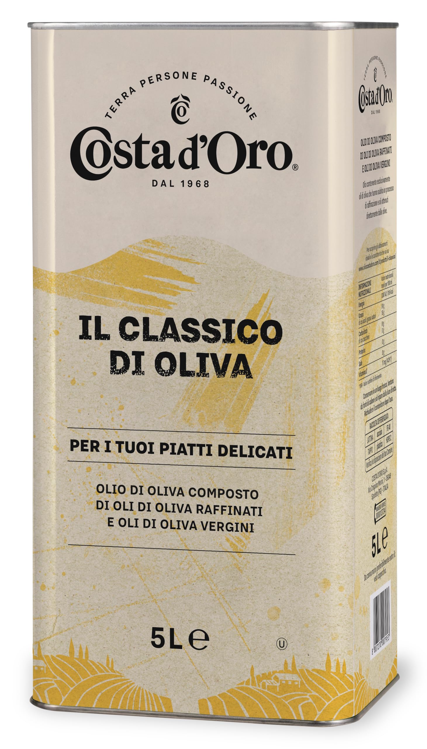 Costa d'Oro – Classico di Oliva 5L. Olio di oliva adatto a crudo per pesti e salse tipo maionese e per marinature, soffritti, cotture prolungate e fritture. Latta da 5 litri.