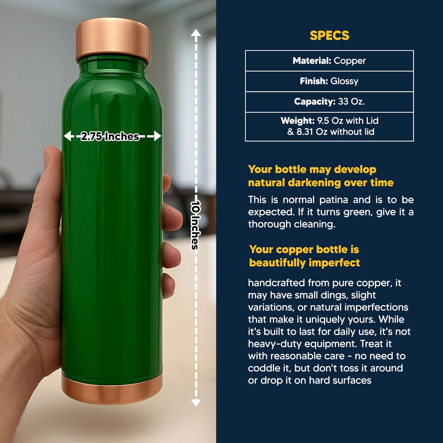 Custom Personalized Pure Copper Water Bottle for Drinking with Your Name Engraved | 33 Oz | Smooth Glossy Painted Finish | Copper Plated Lid | Green