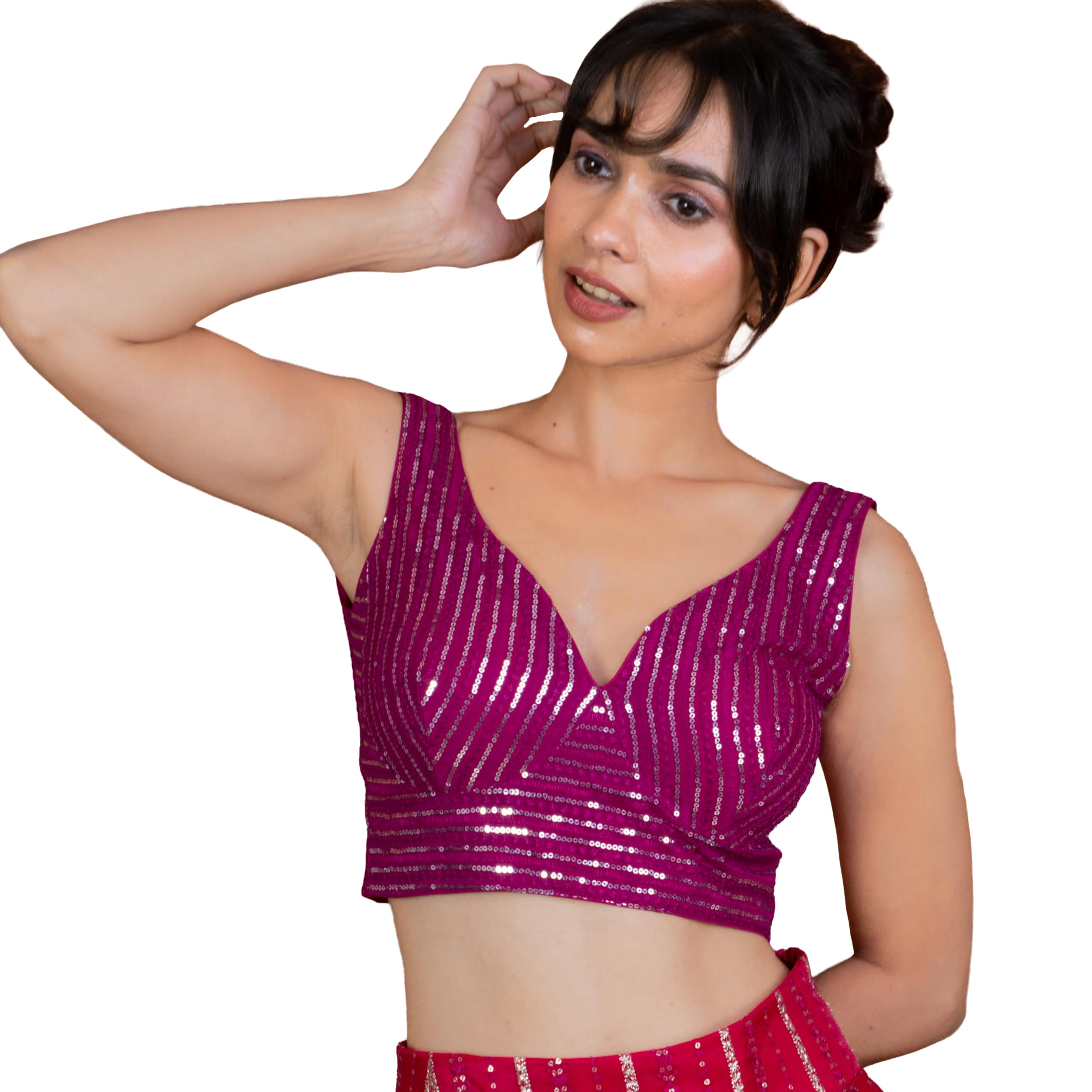 FIGURE'S DESIGNER Women's Sequin Embroidered SabyaSachi Cut Sweetheart V Neck Sleeveless Readymade Saree Blouse E30