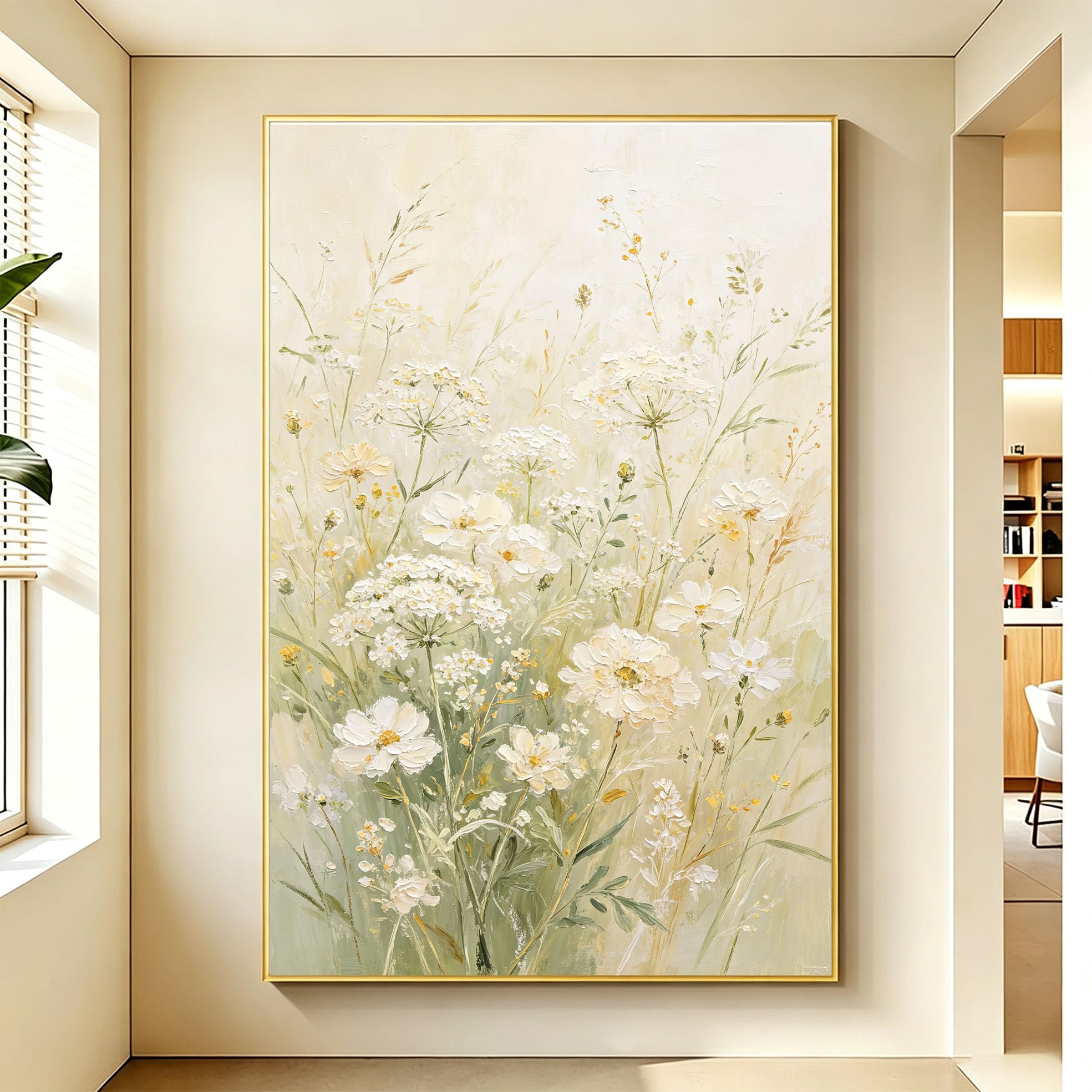 100% Handgemaltes Florales Ölgemälde, Weiße Gänseblümchen, Leinwandbild, Rahmenlos, Abstraktes Blumenmotiv Für Wohnzimmerdekoration, 100 X 160 Cm (39,4 X 63 Zoll)
