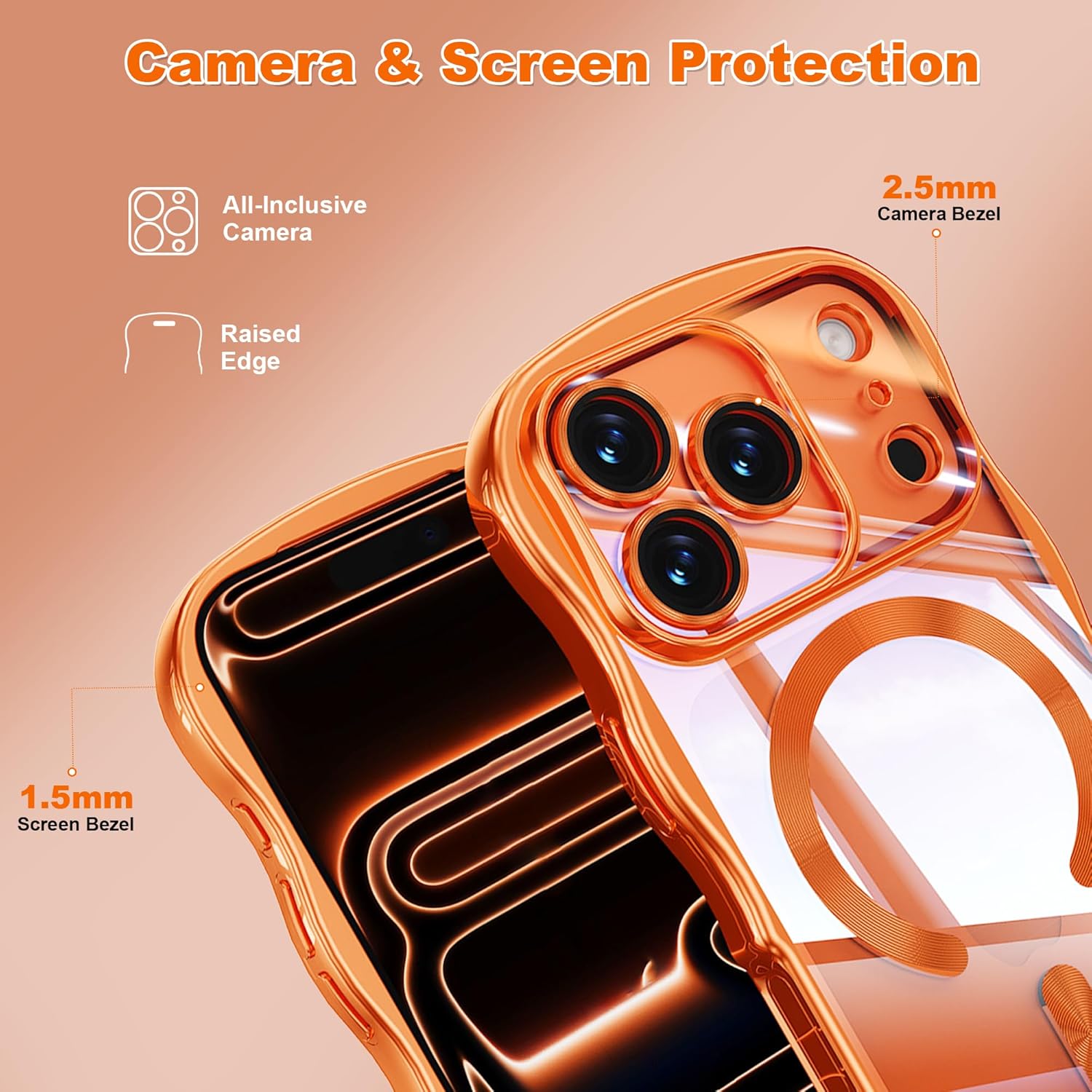 Wavy Magnetic for iPhone 17 Pro Case 6.3" [Compatible with MagSafe] [Not-Yellowing] Full Camera Protector Plating Clear Shockproof Phone Cover for Women Men,Orange - Image 8