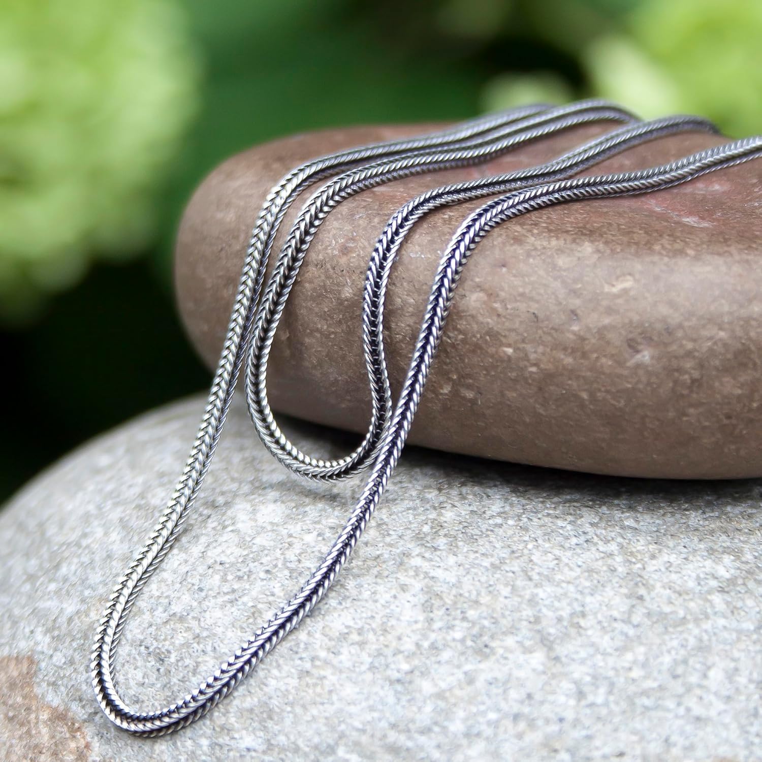 Solid 925 Sterling Silver Foxtail Chain Necklace, Width 1.5mm - Oxidized Non-Tarnish Unisex Snake Design Wheat Chain Necklace for Men Women 17.7" 19.7" 21.6" 23.6" Inch - Handmade