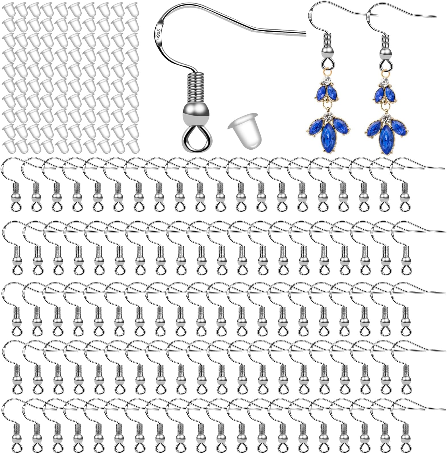 100 PCS/50 Pairs 925 Sterling Silver Earring Hooks Fish Hook Ear Wires French Wire Hooks Hypo-allergenic Jewelry Findings Earring Parts DIY Making with 100 PCS Clear Rubber Earring Safety Backs