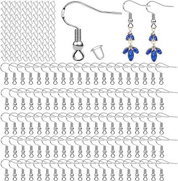 150 PCS/ 75 Pairs 925 Sterling Silver Earring Hooks Fish Hook Ear Wires French Wire Hooks Hypo-allergenic Jewelry Findings Earring Parts DIY Making with 150 PCS Clear Rubber Earring Safety Backs