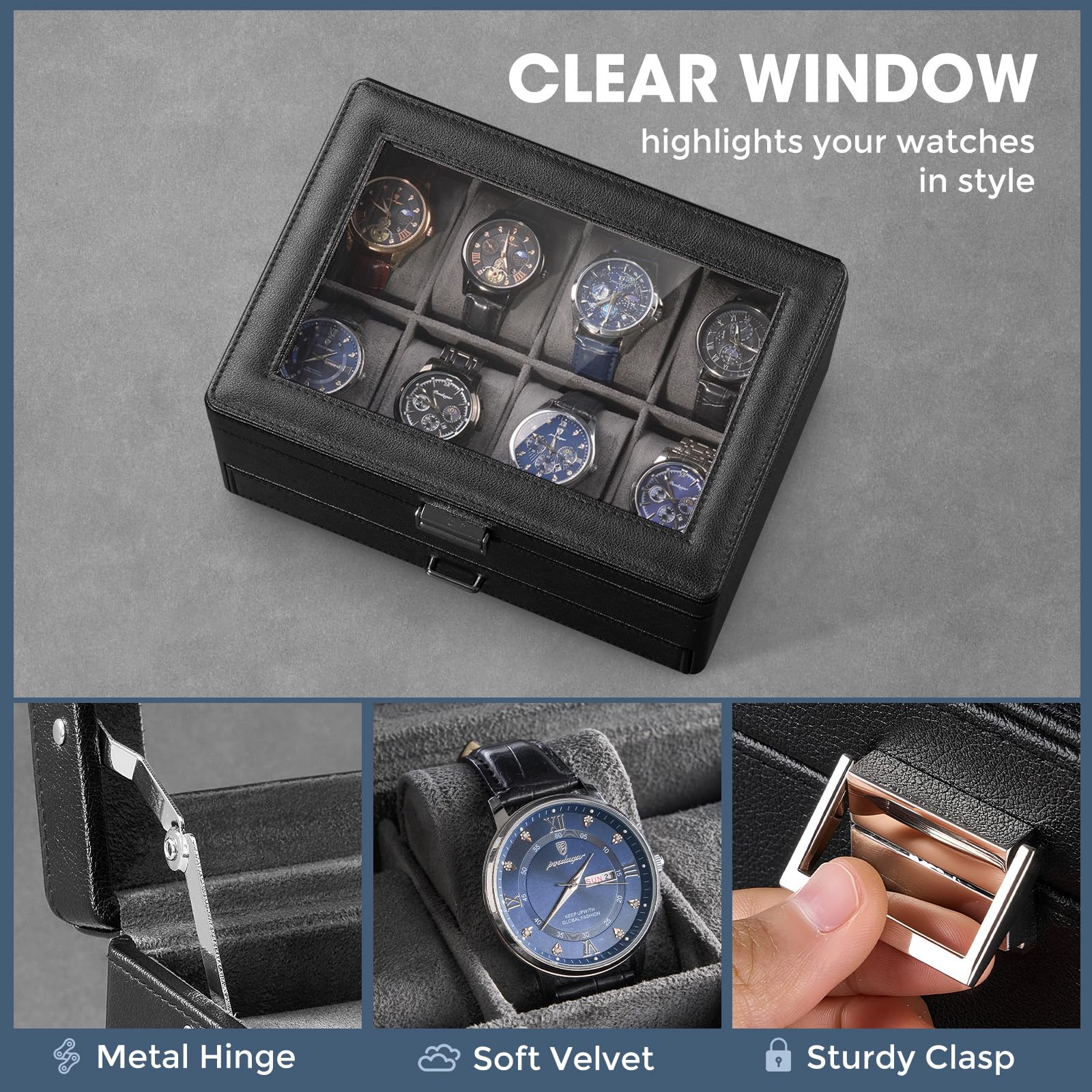 Caja para Relojes para Hombre, Organizador de Joyas con cajón, Estuche de exhibición con Tapa de Cristal - Negro, 16 Ranuras