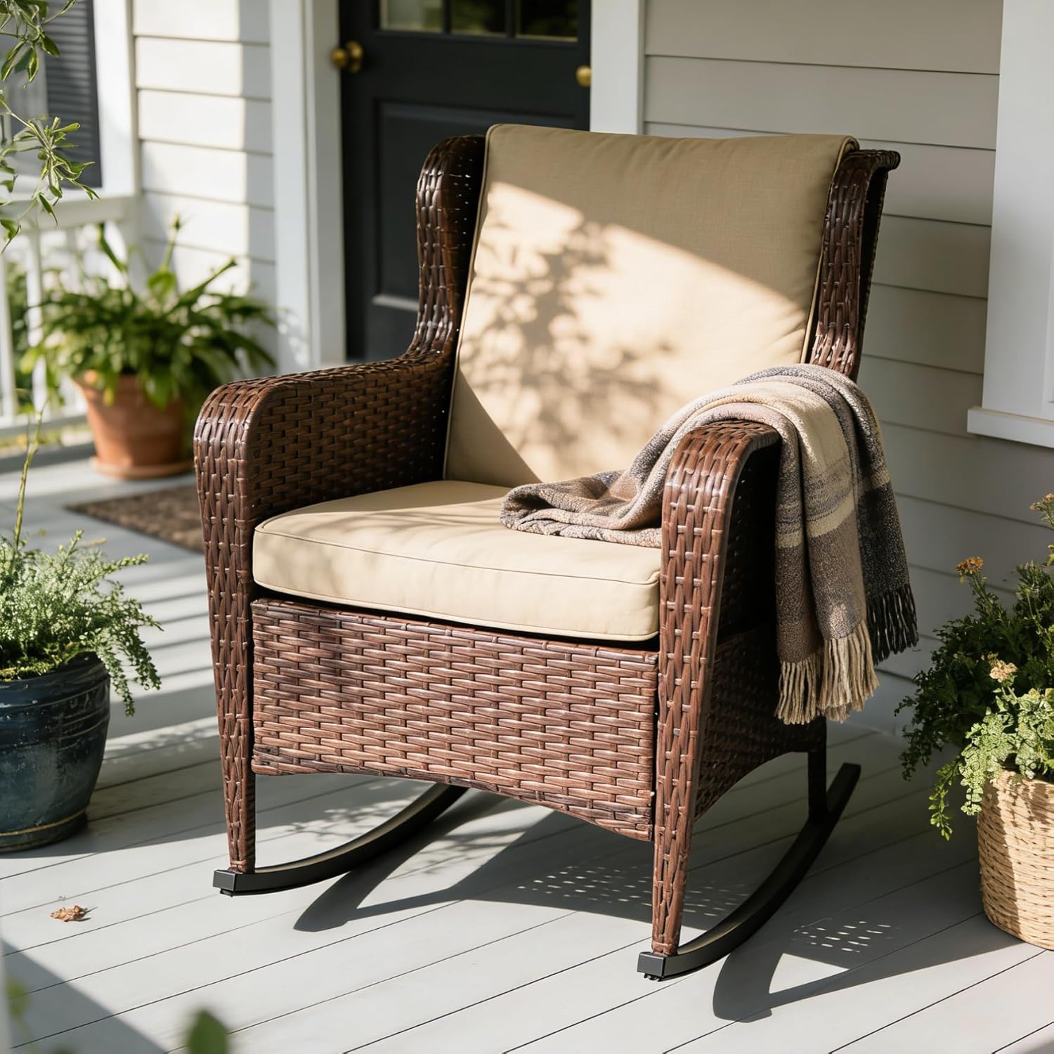 SUNSITT Outdoor Resin Wicker Rocking Chair with Olefin Cushions, Patio Yard Furniture Club Rocker Chair, Brown Wicker & Beige Cushions