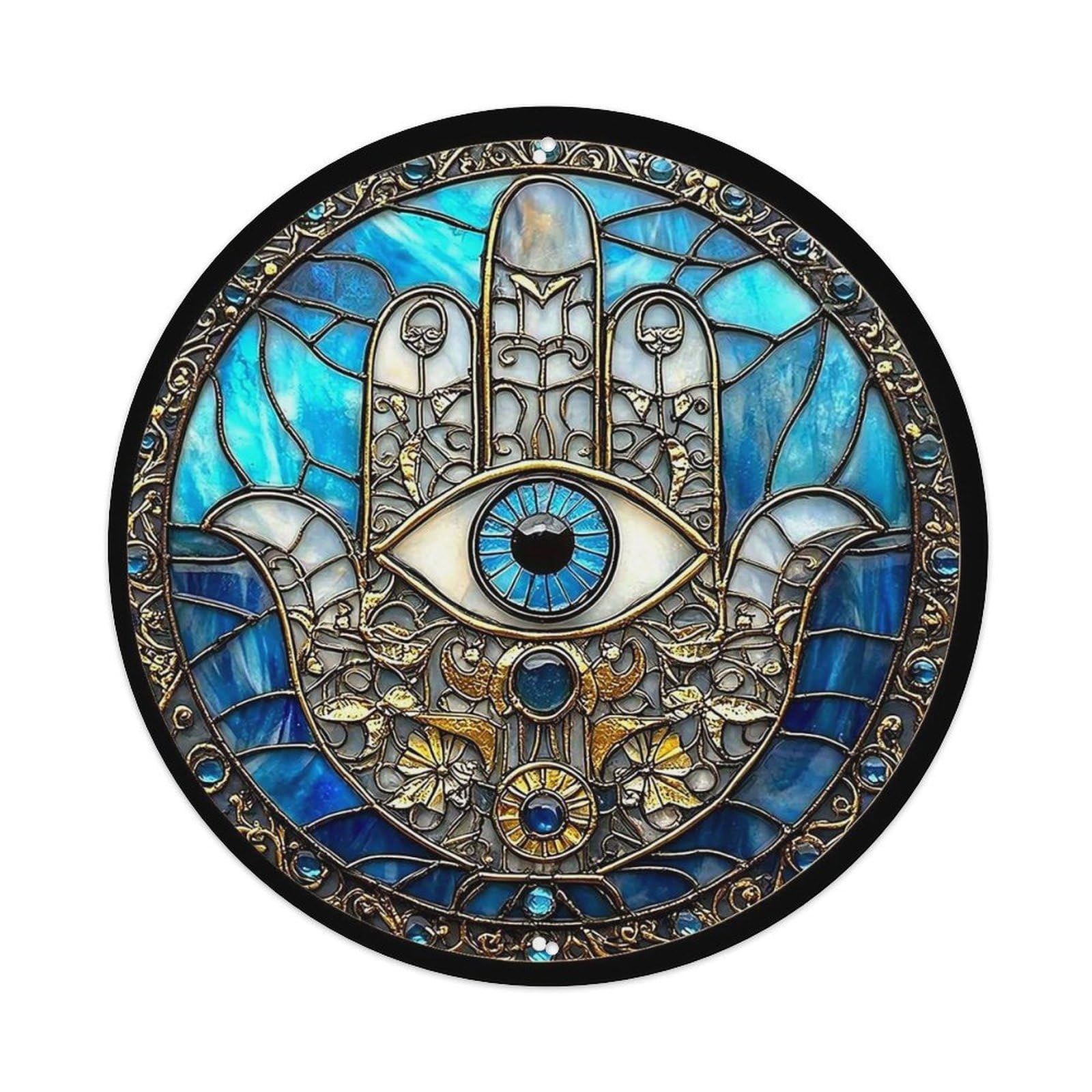 Blue Stained Glass Hamsa Hand Vintage Metal Tin Sign Retro Wall Decor for Home Bar Garage Cafe, Indoor & Outdoor Decorative，circle Metal Poster, 8x8 Inch