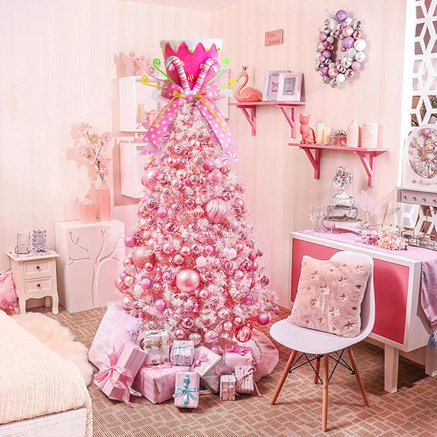 Christmas Tree Topper Hat, Candy Canes Tree Topper, Pink Tree Topper Christmas Decorations with Bow Ribbon Christmas Tree Ornaments for Home Decor