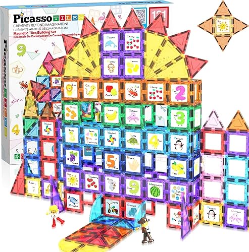 PicassoTiles Master Builder - Juego de construcción de bloques de construcción magnéticos de 121 piezas con camión de automóvil, 2 figuras de acción