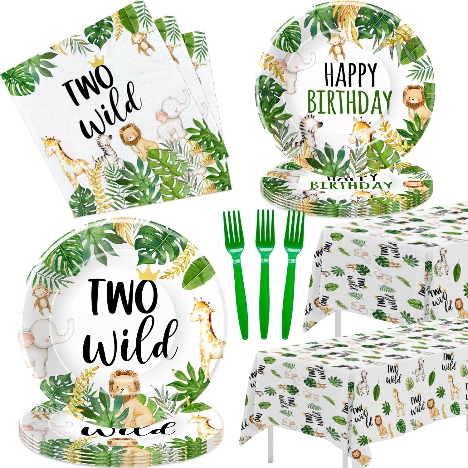 Two Wild Birthday Plates & Napkins Party Supplies - Jungle Animal Party Supplies For Safari 2nd Birthday Decorations Tableware, Plate, Napkin, Tablecloth, Fork | Serves 24