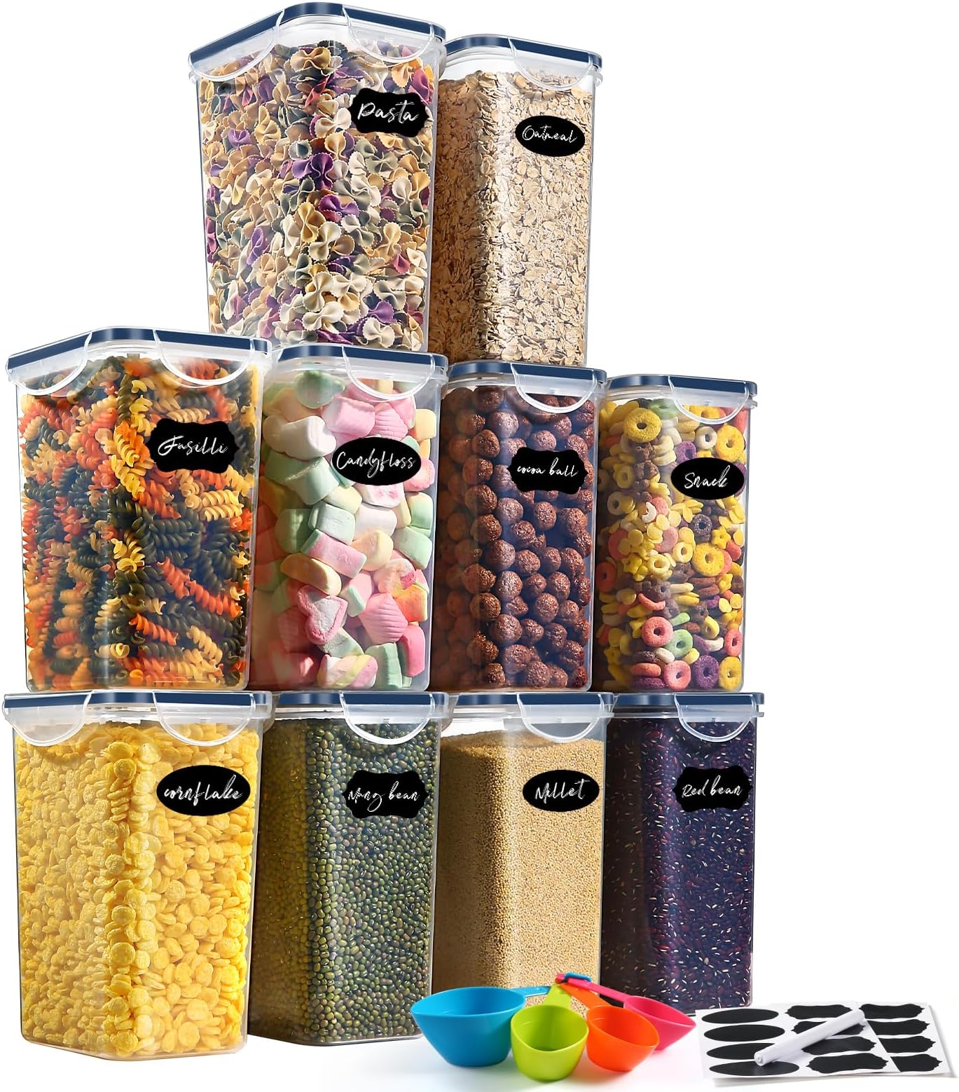 Food Storage Containers with Lids Airtight, Set of 10 * 1.5L, Plastic Cereal Storage Containers, BPA Free, Kitchen Storage Containers for Dry Food, Flour & Sugar, with Labels, Marker & Spoon