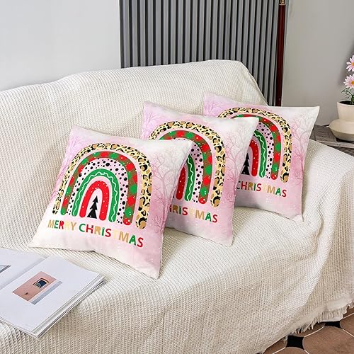 Miniatura 4 de Manfei Funda de almohada navideña de arcoíris de 16 x 16 pulgadas, estampado de leopardo rojo y verde a cuadros de doble cara para sofá, cama, sofá,