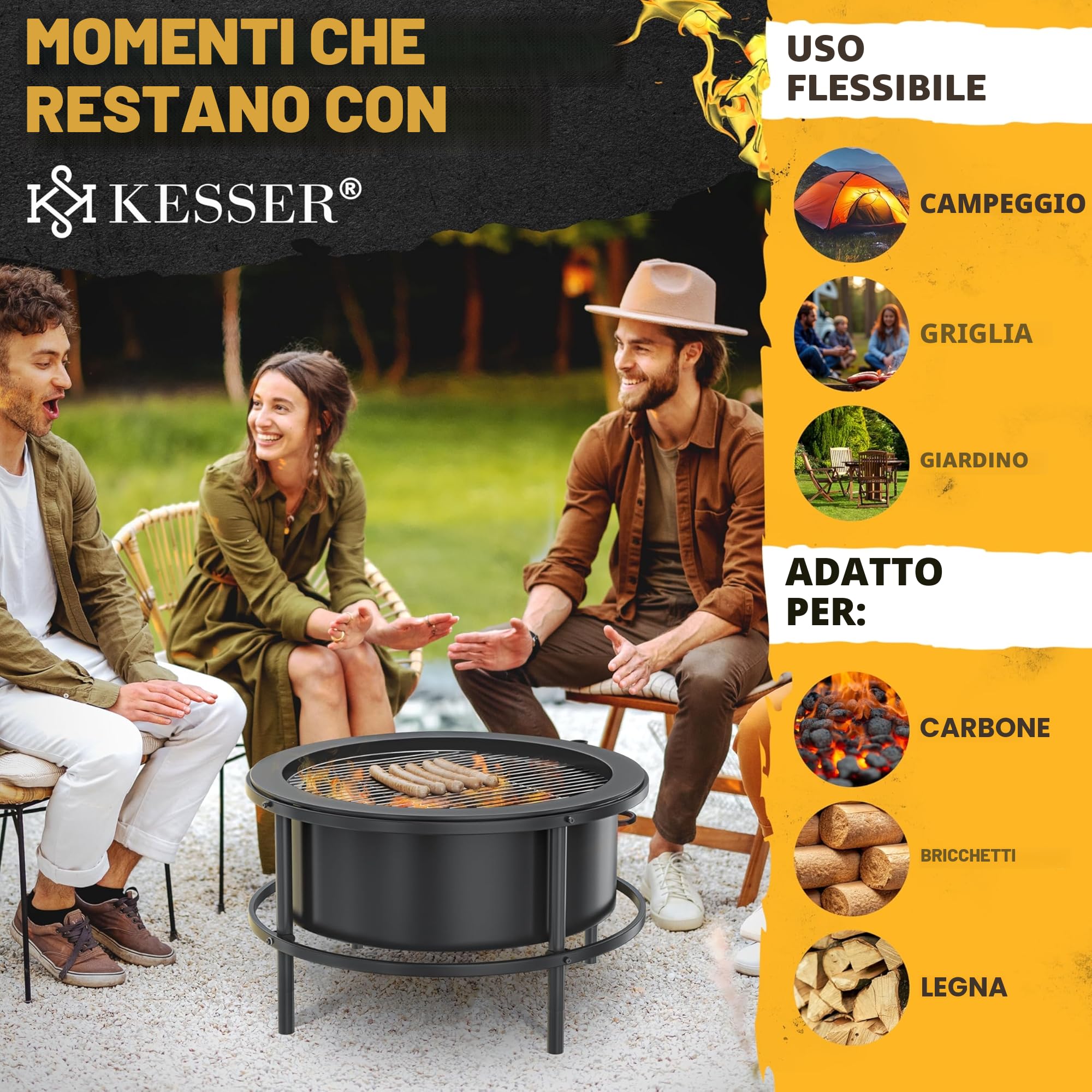 KESSER Braciere con griglia Ø 65 cm, braciere 0,6 mm, in acciaio raffinato a freddo, con pneumatici, braciere in legno e carbone con gancio in ghisa, diametro 52 cm, spazzola e copertura