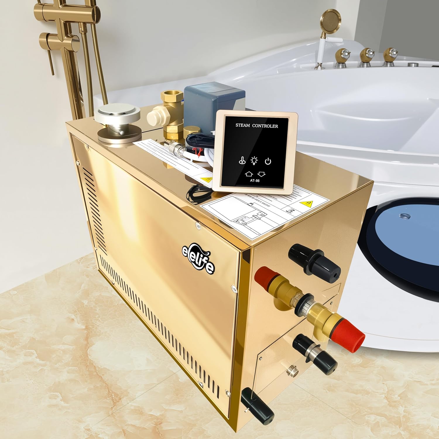 9KW Commercial Self-Draining Steam Generator Shower System Home Steam Bath Spa Generator 30 min to 12 Hours with Auto Drain 95-131℉ for Suitable Space Heating 9 m³/318 Cubic feet (Steam-Showers)