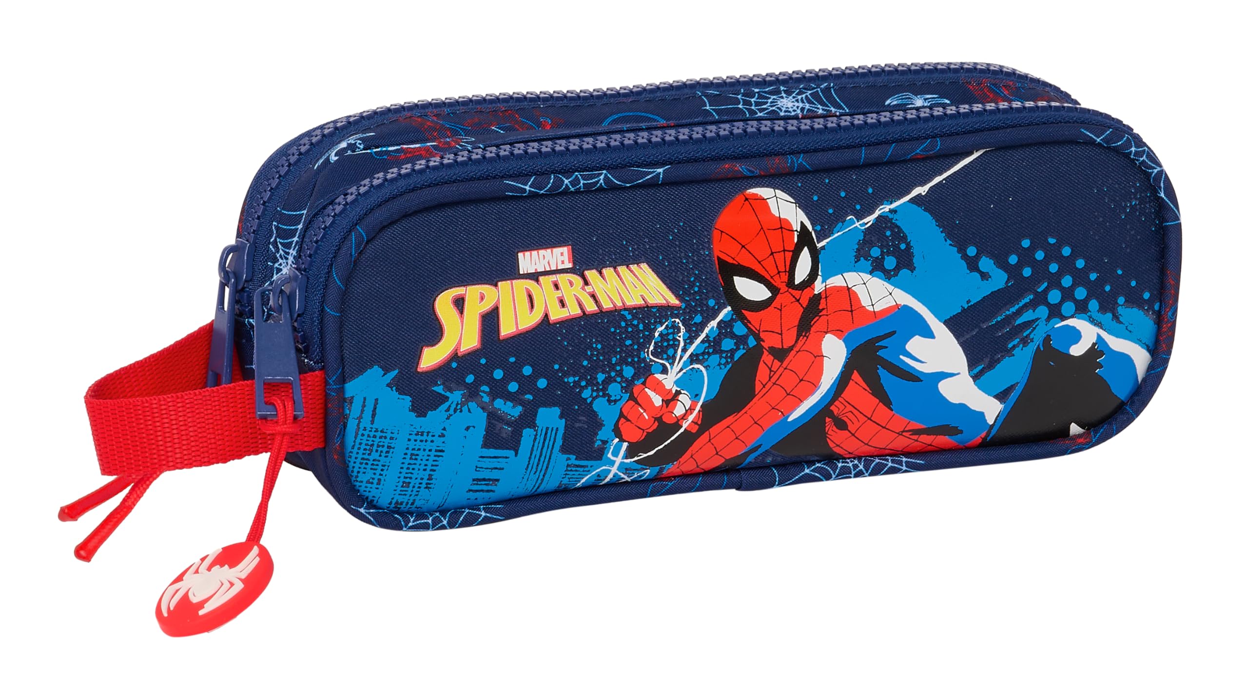 Safta SPIDERMAN NEON - Portatodo Doble Niño, Estuche Infantil, Estuche Niño, Ideal para Niños en Edad Escolar, Cómodo y Versátil, Calidad y Resistencia, 21x6x8 cm, Color Azul Marino
