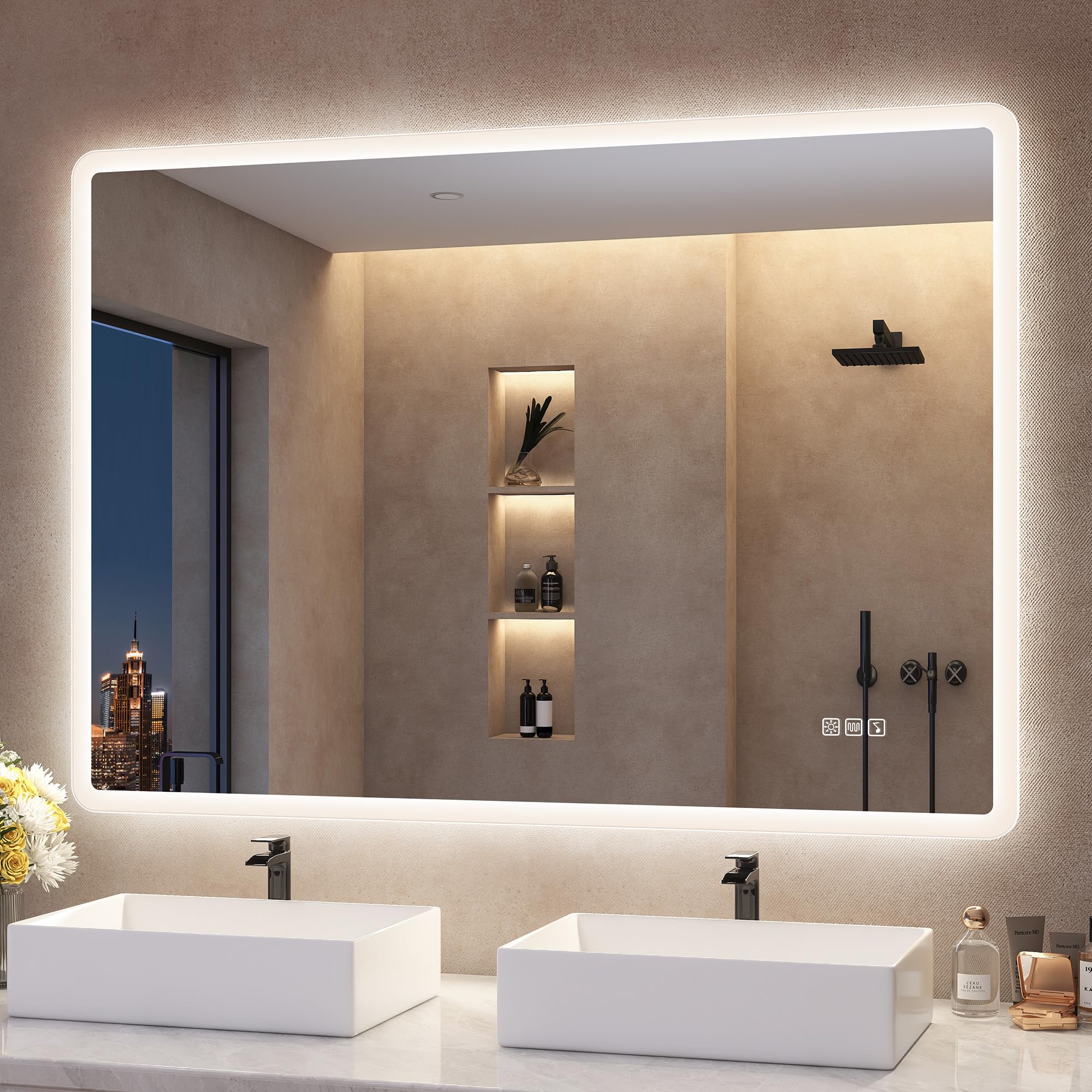 S'bagno Bathroom-Mirror-with-LED-Lights 1000x700mm, LED-Bluetooth-Bathroom-Mirror, Anti-Fog, 3 Colors, Dimining, Memory, Tempered Glass, IP44 Waterproof, Horizontal/Vertical