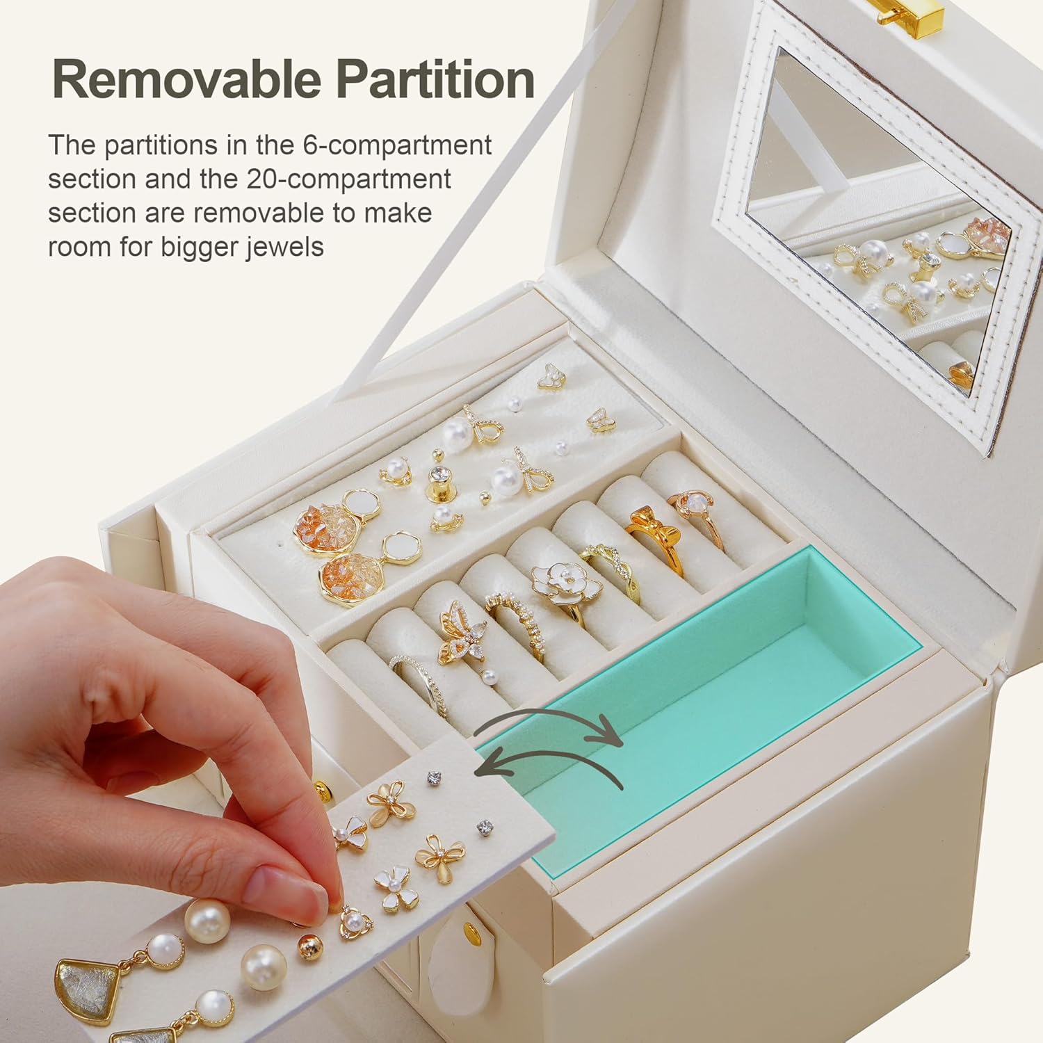 CASEGRACE Jewelry Box Organizer for Women Girls, Three Layer Jewelry Storage Box with Mirror PU Leather Jewelry Display Case for for Bracelets, Earrings, Rings, Necklaces,White