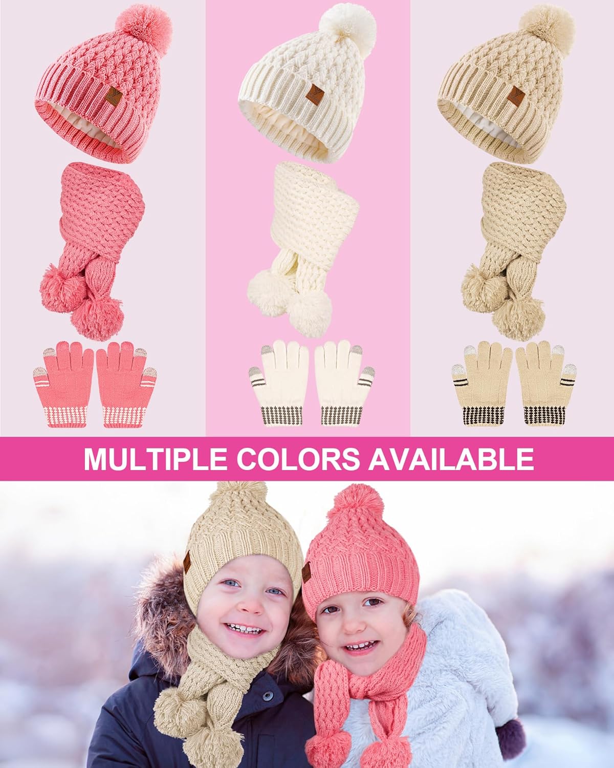 Kids Winter Hat Gloves Scarf Set, Girls Boys Toddler Winter Hat Beanie Pom Knitted Scarves Mittens Fleece Lined Age 5-12 - Image 6