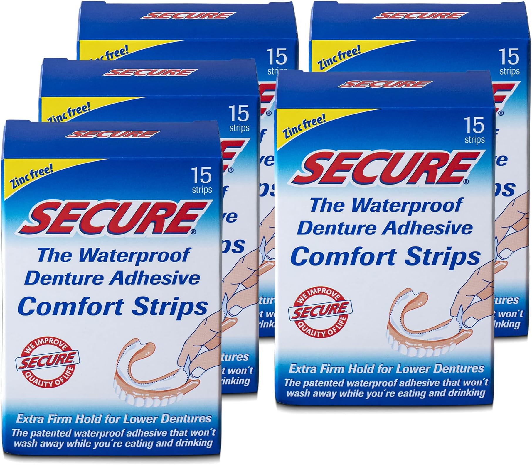 Secure Denture Adhesive Strips 15 Ea Pack of 5 Multi