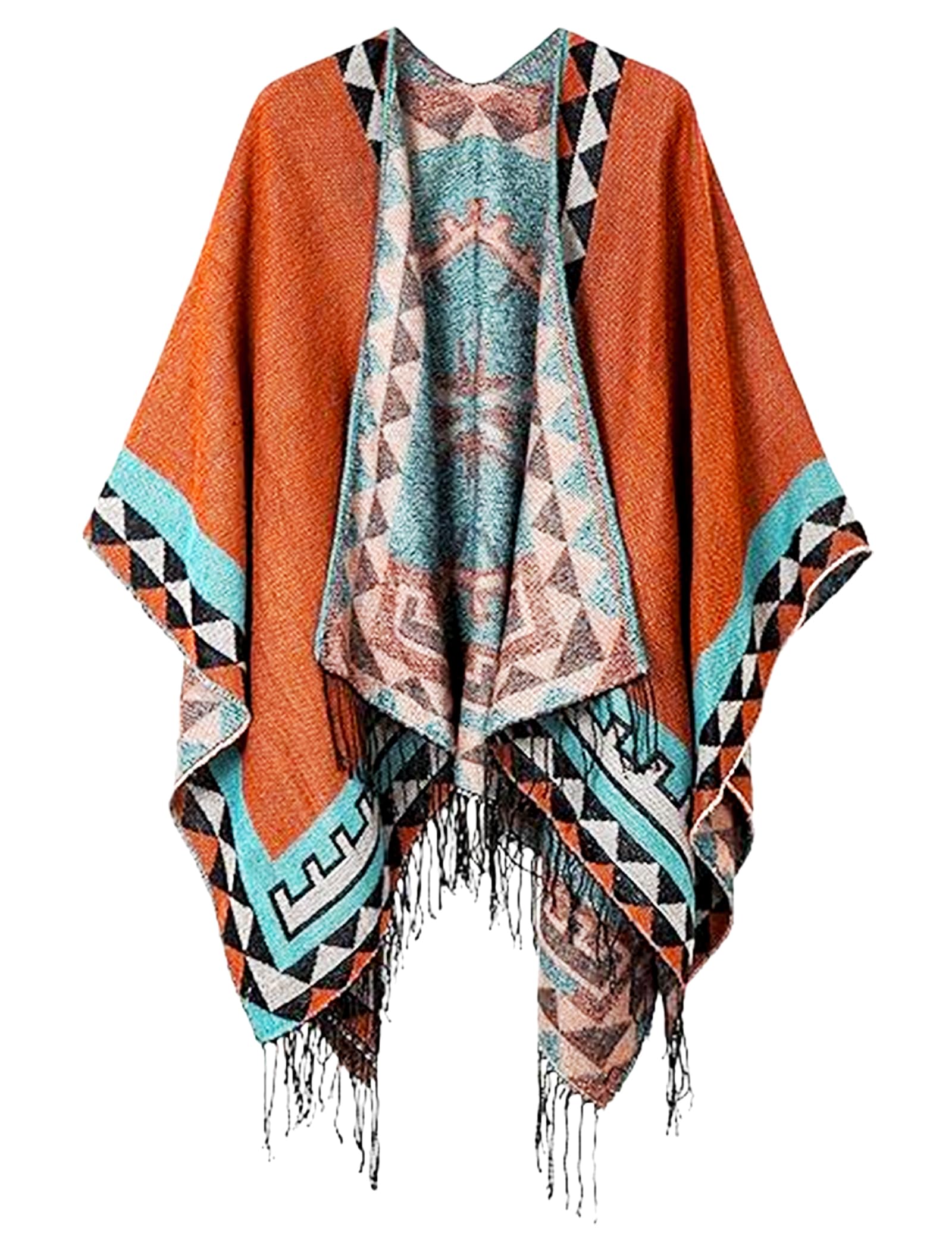 Womens Tassel Open Front Poncho Cape 51 2 x 61 Reversible Winter Warm Shawl Wrap Printed Poncho Cardigan