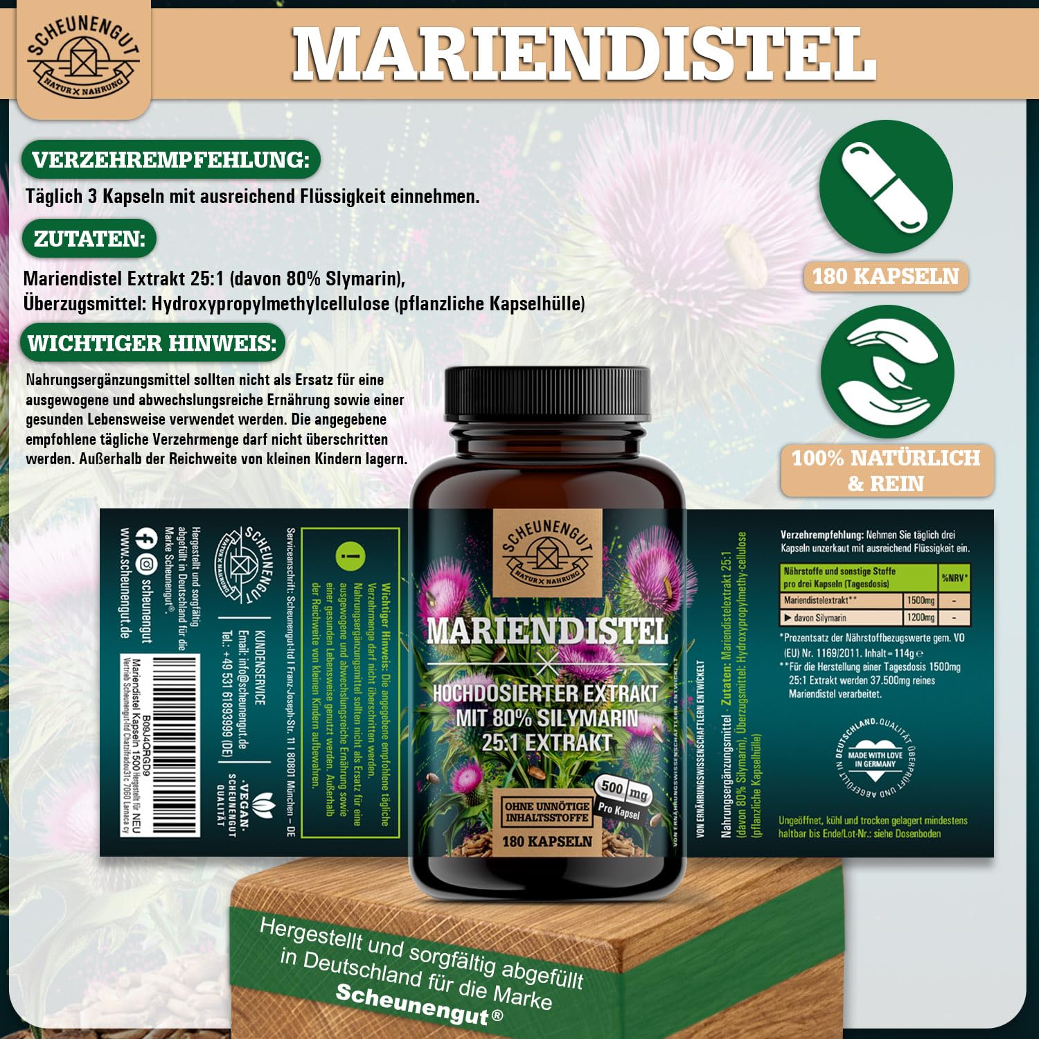 Mariendistel Kapseln 1500mg -WICHTIG: 25:1 Extrakt (=37500mg reines Mariendistel pro Tagesdosis) +80% Silymarin -Silymarin Hochdosiert- Laborgeprüft und Vegan DE SCHEUNENGUT®