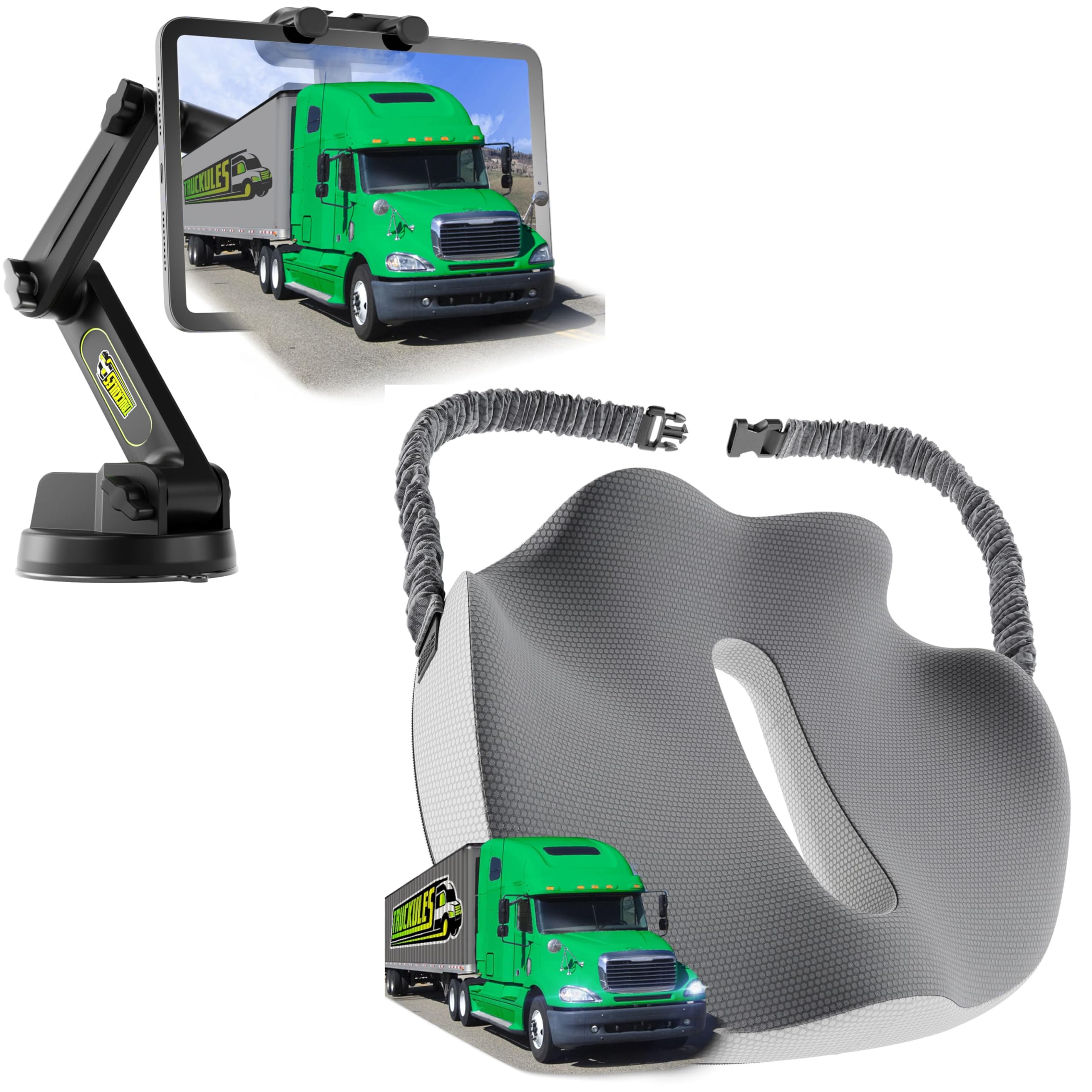 Semi Truck Tablet Mount & Truck Seat Cushion, Heavy Duty Tablet & iPad Holder Compatible for Dashboard Windshield Window & Ultimate Memory Foam Trucker Seat Cushion (1 TM & 1 SC)