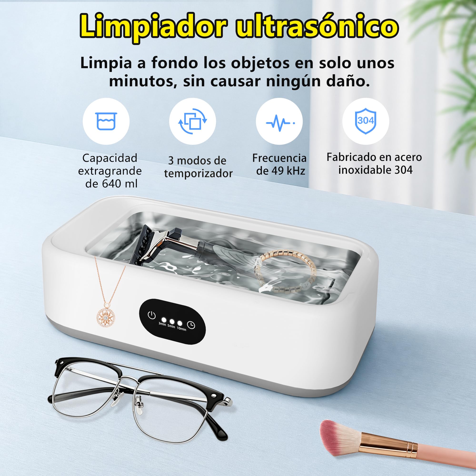 Limpiador Ultrasonidos,640ML limpiador ultrasónico para Férula dental | 49 kHz limpieza , cubeta 304 inoxidable, 3 temporizadores, silencioso. Multiusos para gafas, joyas y prótesis