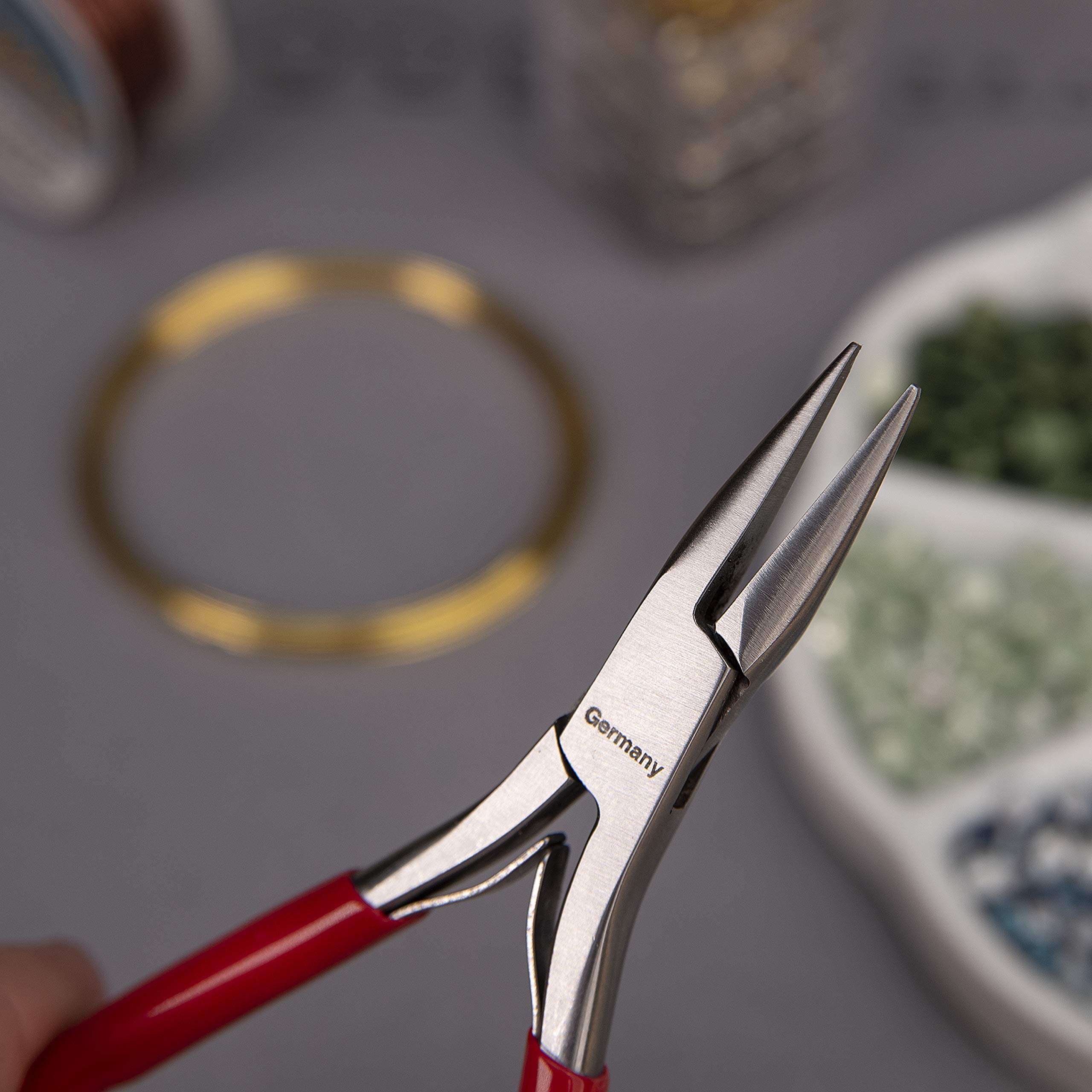 The Beadsmith Platinum Series niemieckie szczypce do nosa, 120 mm, z polerowaną stalową głowicą, czerwony uchwyt z PCW, wygodny uchwyt z podwójną sprężyną, narzędzie do produkcji biżuterii