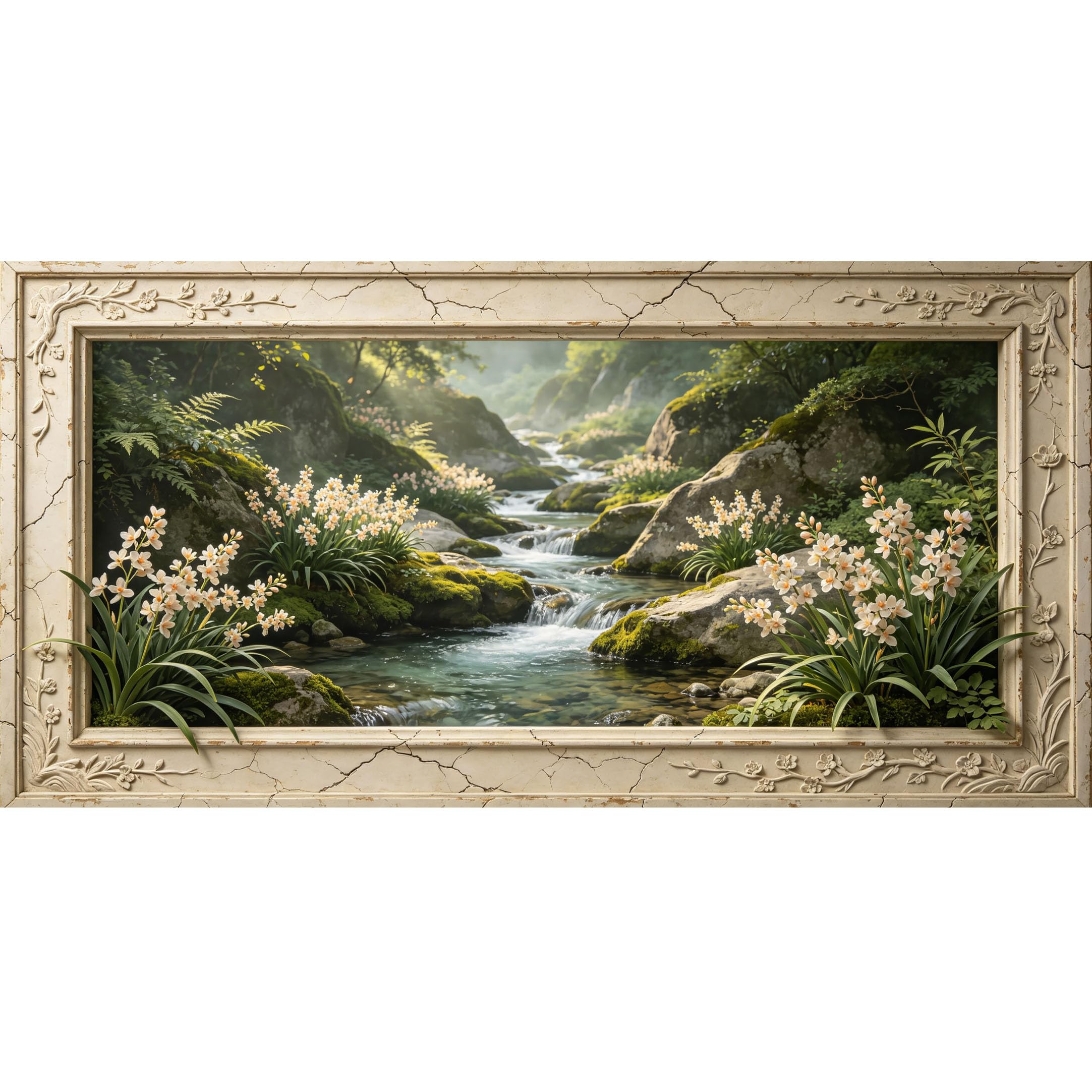 Agglomerix 3D Framed Wall Art Mountain Lake Stream Botanical Landscape Relief Effect Large Size SelfAdhesive Removable Wall Decor Prints Artwork for Living Room Bedroom Office