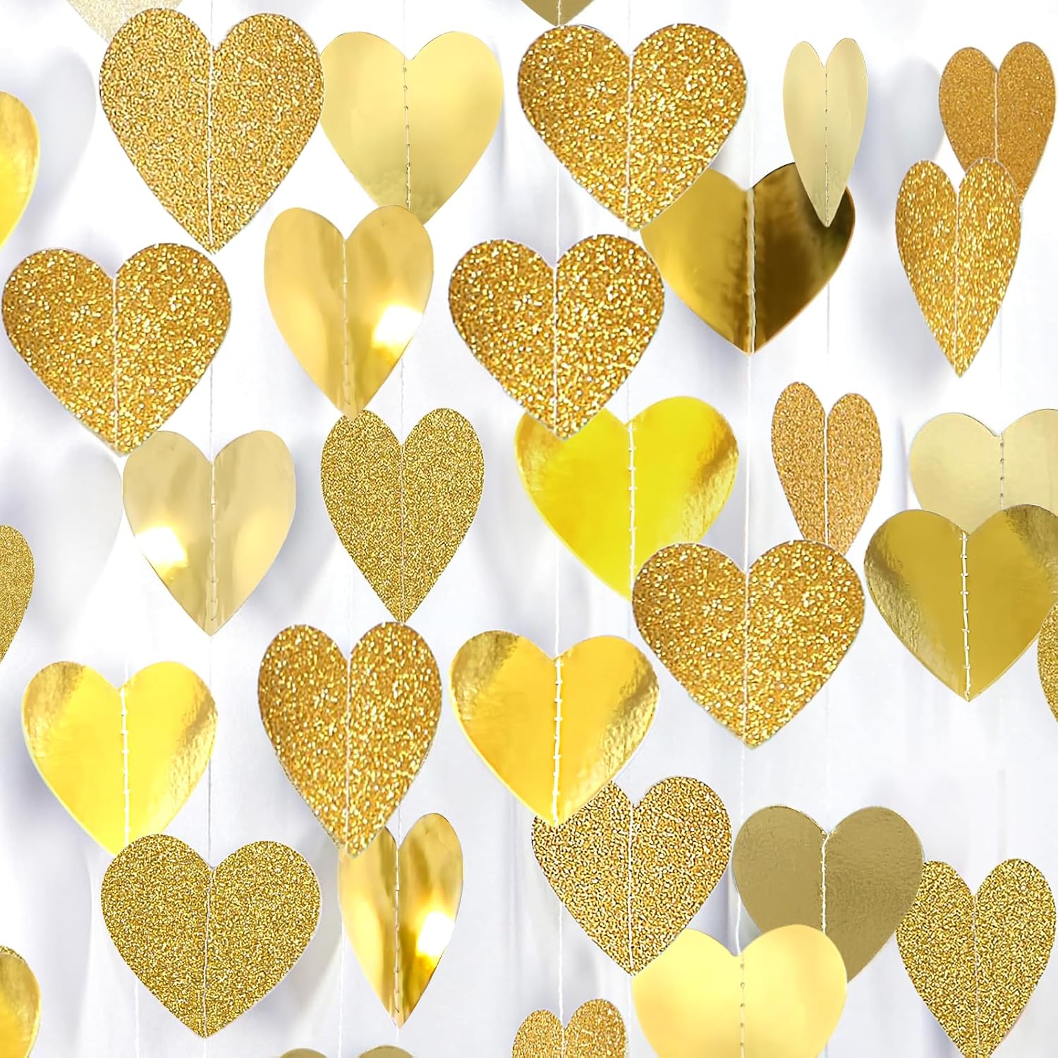 Glitter Champagne-Gold Party-Decorations Heart Streamers Garland - 39Ft Wedding Engagement Hanging Paper Banner,Bachelorette Bday Bridal Baby Shower Christmas Anniversary Housewarming Backdrop Decor