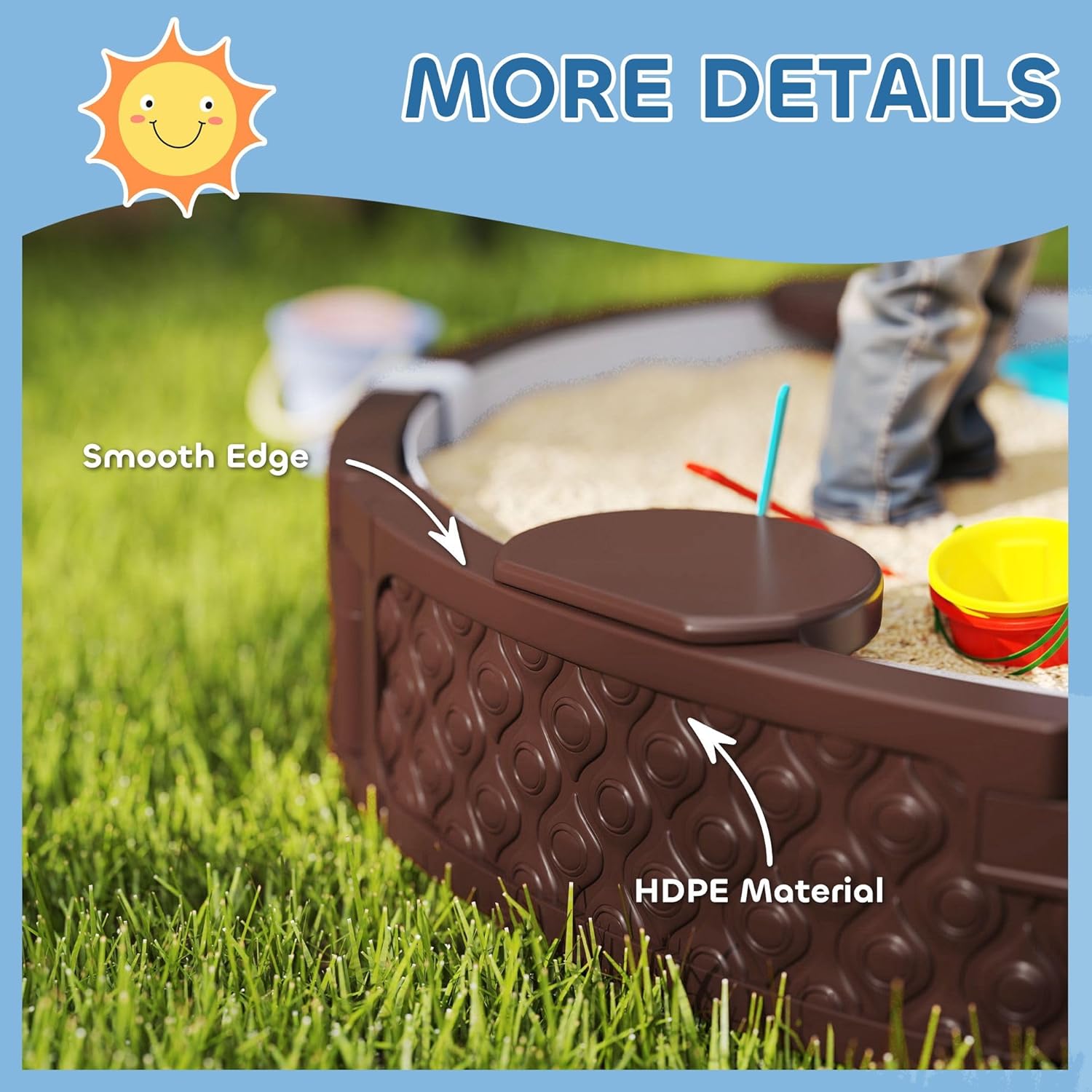 HDPE 47in Round Sandbox with 3 Ergonomic Seats, 661lb Sand Capacity, Fully Waterproof Bottom Liner & Dust/Rain Cover, Brown