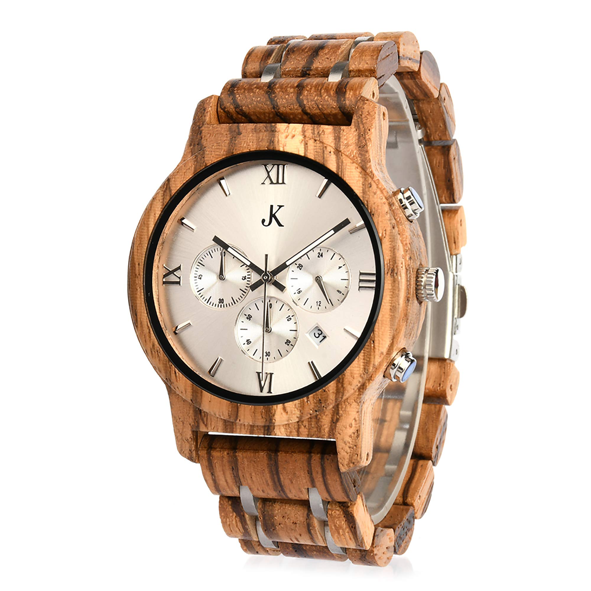 Kim Johanson Herren Holz-Edelstahl Armbanduhr *Air Force* in Hellbraun & Dunkelbraun Chronograph mit Einem Gliederarmband Handgefertigt Quarz Analog Uhr inkl. Geschenkbox