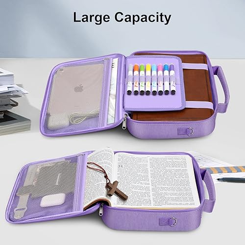 Miniatura 7 de FINPAC Funda grande para la Biblia con correa para el hombro, funda de transporte para libros, bolsa protectora para la Biblia con ranuras para