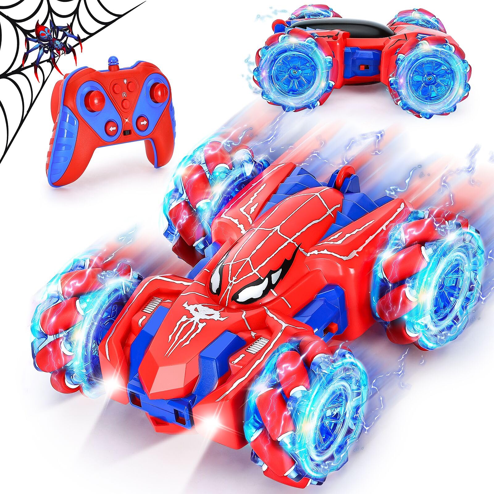 Spider Remote Control Car for Boys 4-7,2.4Ghz 360° Rotating Double Sided RC Stunt Cars with Cool Headlights,Rechargeable 4WD Off Road Drift Toys for Kids Birthday Children's Day School Season (Red)