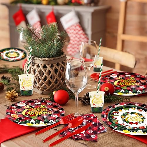 Miniatura 5 de BYMIOYA Juego de vajilla de papel desechable de Navidad de 192 piezas, platos de cena y suministros de fiesta a cuadros rojos y verdes con detalles