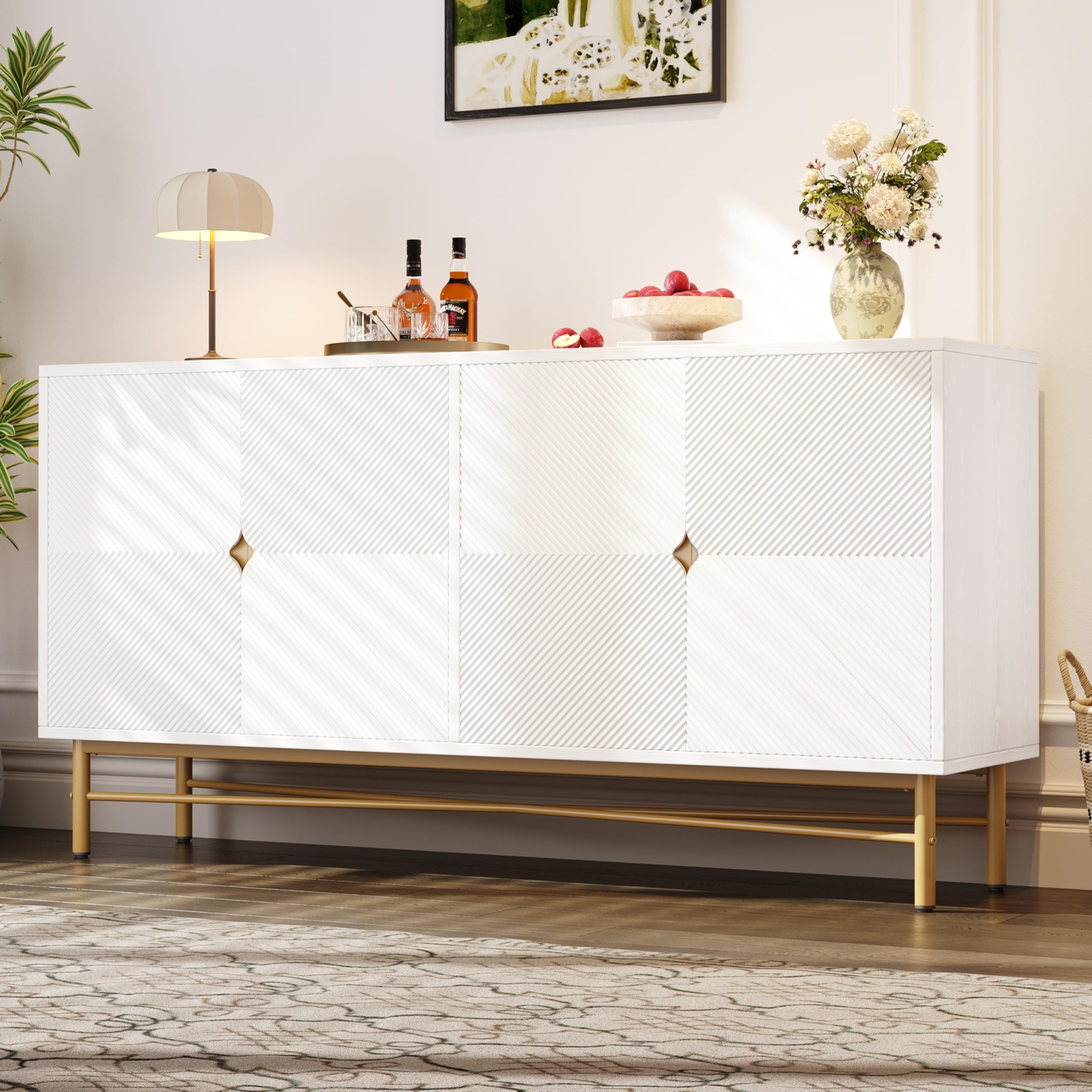 Moimhear Aparador con Textura en Relieve, 160×40×82cm, Armario con Cuatro Puertas, Asas Cepilladas Doradas y Patas de Alto Brillo (Blanco+Oro)