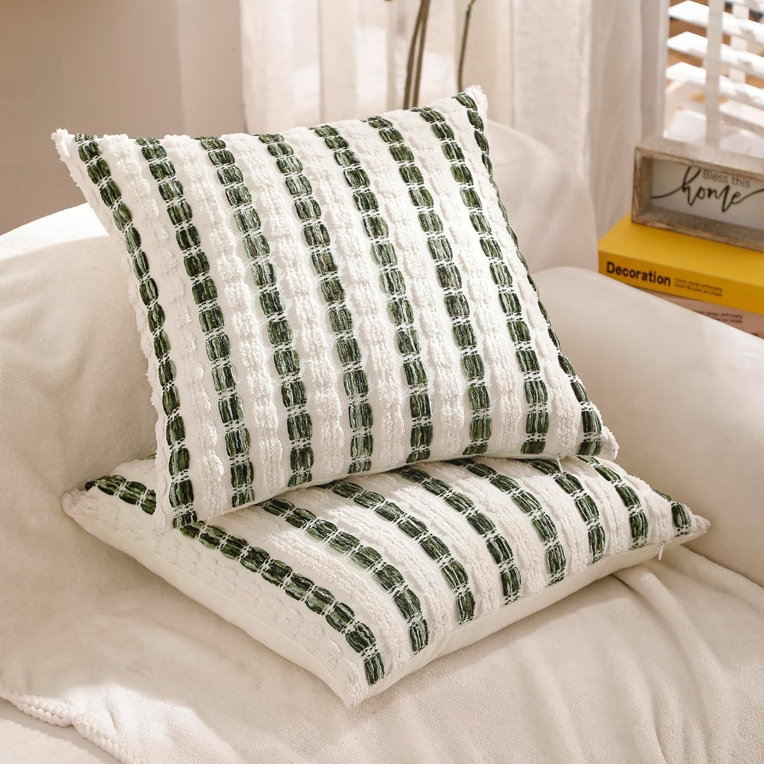 Pillow Covers 18x18 Set of 2 Dark Green Striped Throw Pillow Covers Chenille Decorative Pillows Square Cushion Cover for Sofa Couch Bed Living Room Winter Decoratives.